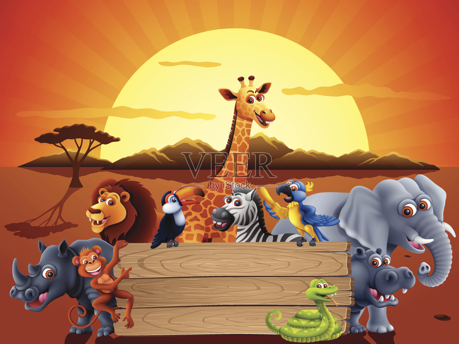野生动物和森林标志后面的日落插画图片素材