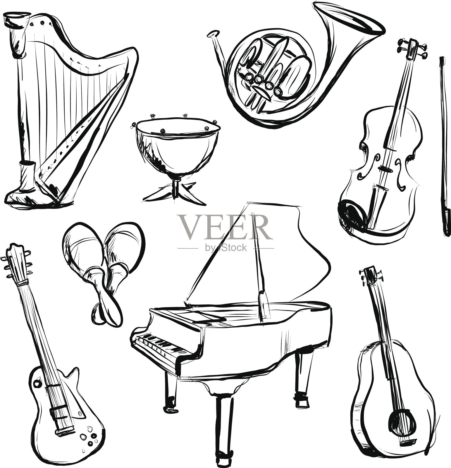 炭笔素描风格的乐器设计元素图片
