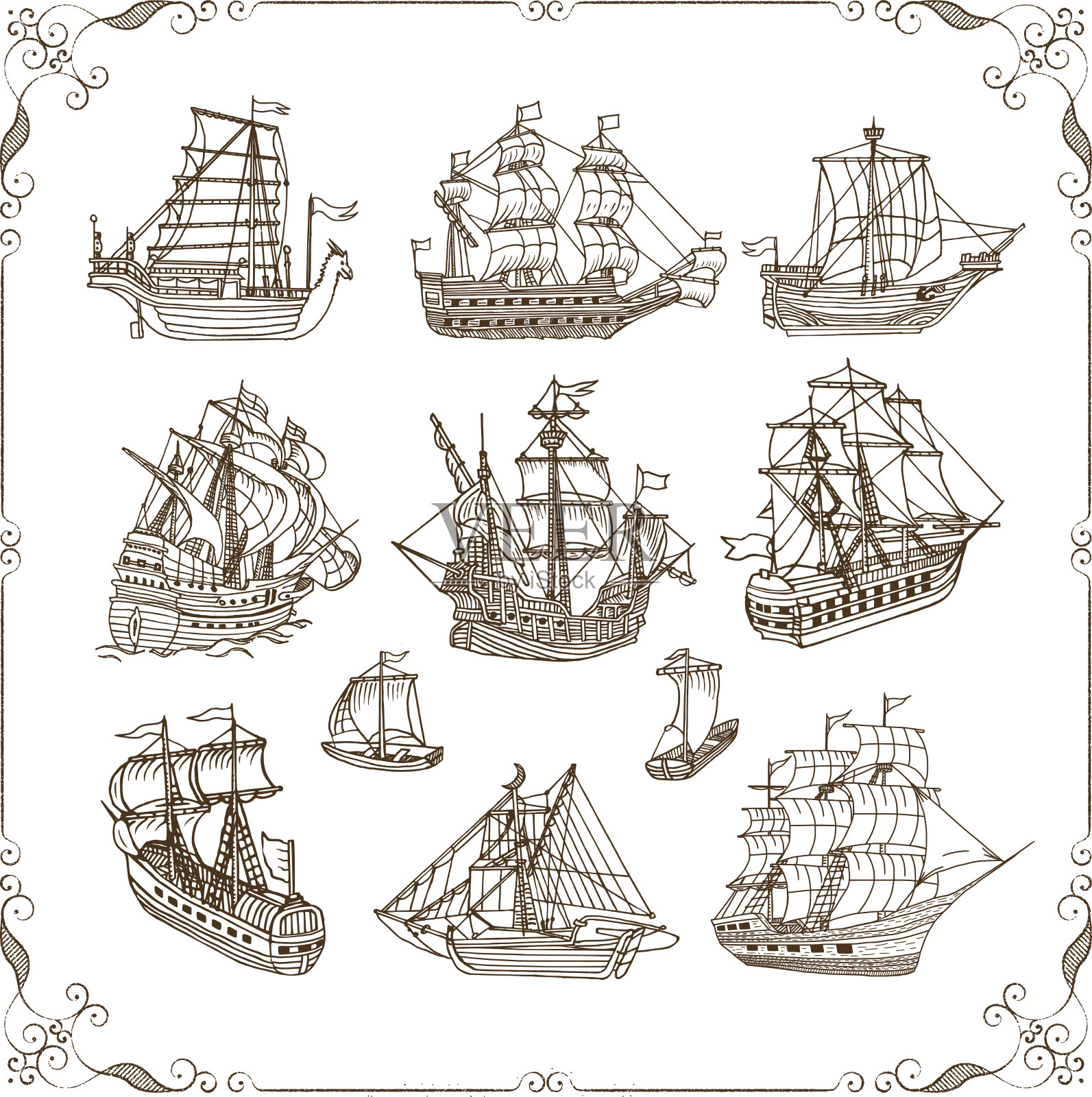 老帆船涂鸦集设计元素图片