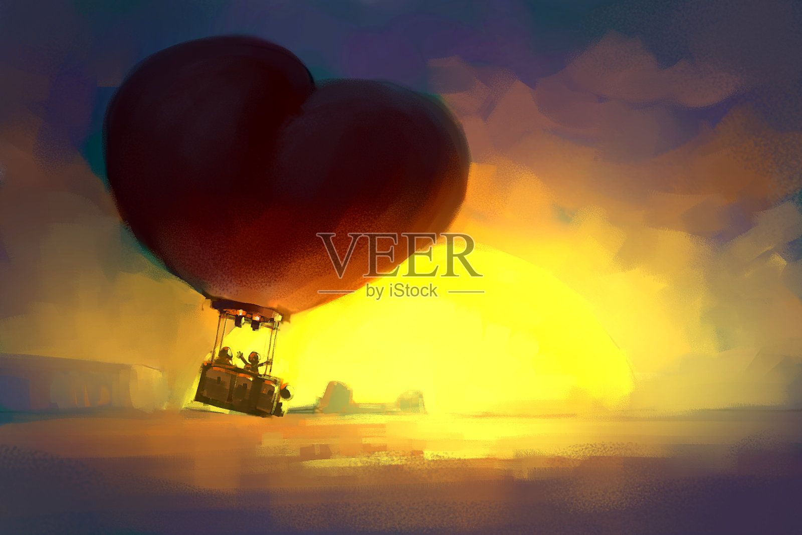 数字画的红心形状的气球在日出飞行插画图片素材