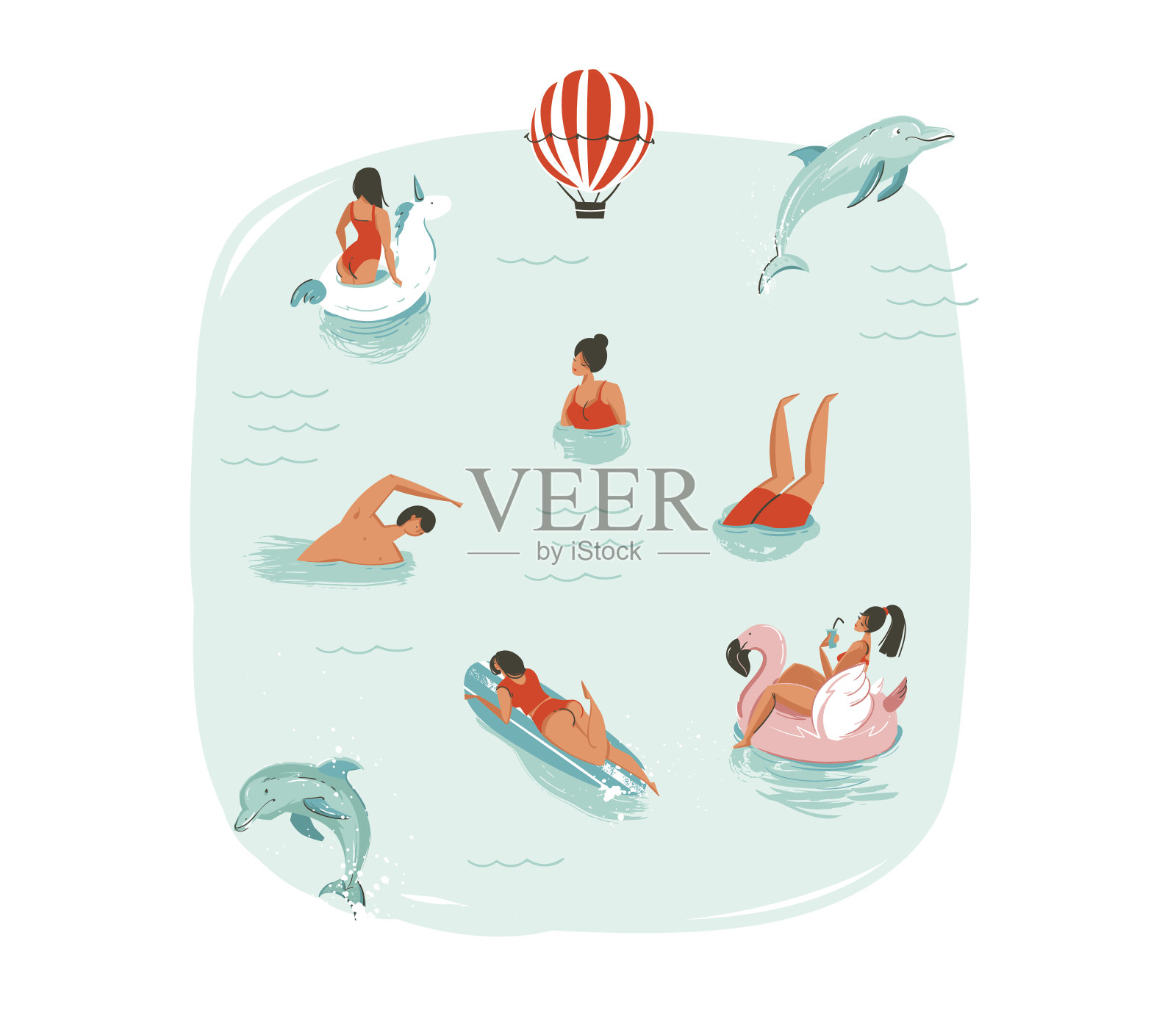 手绘矢量抽象的夏季时间有趣的插图与游泳快乐的人跳跃的海豚，热气球，独角兽和粉红色的火烈鸟浮标漂浮在蓝色的水背景孤立设计元素图片