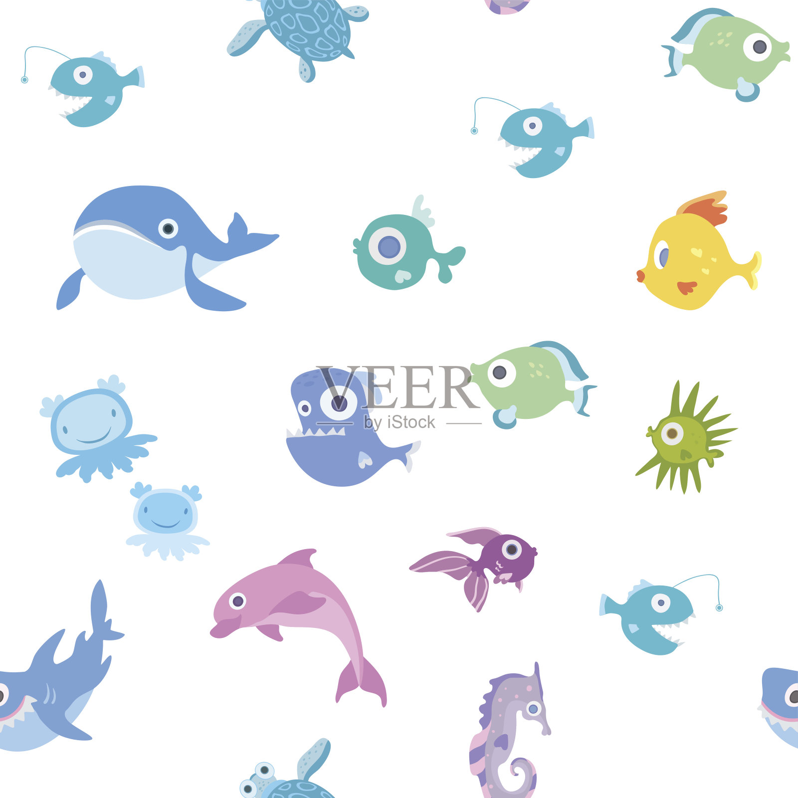 卡通海洋动物，图案无缝。鲸鱼、鲨鱼、海豚和其他鱼类和动物。向量的背景说明。插画图片素材