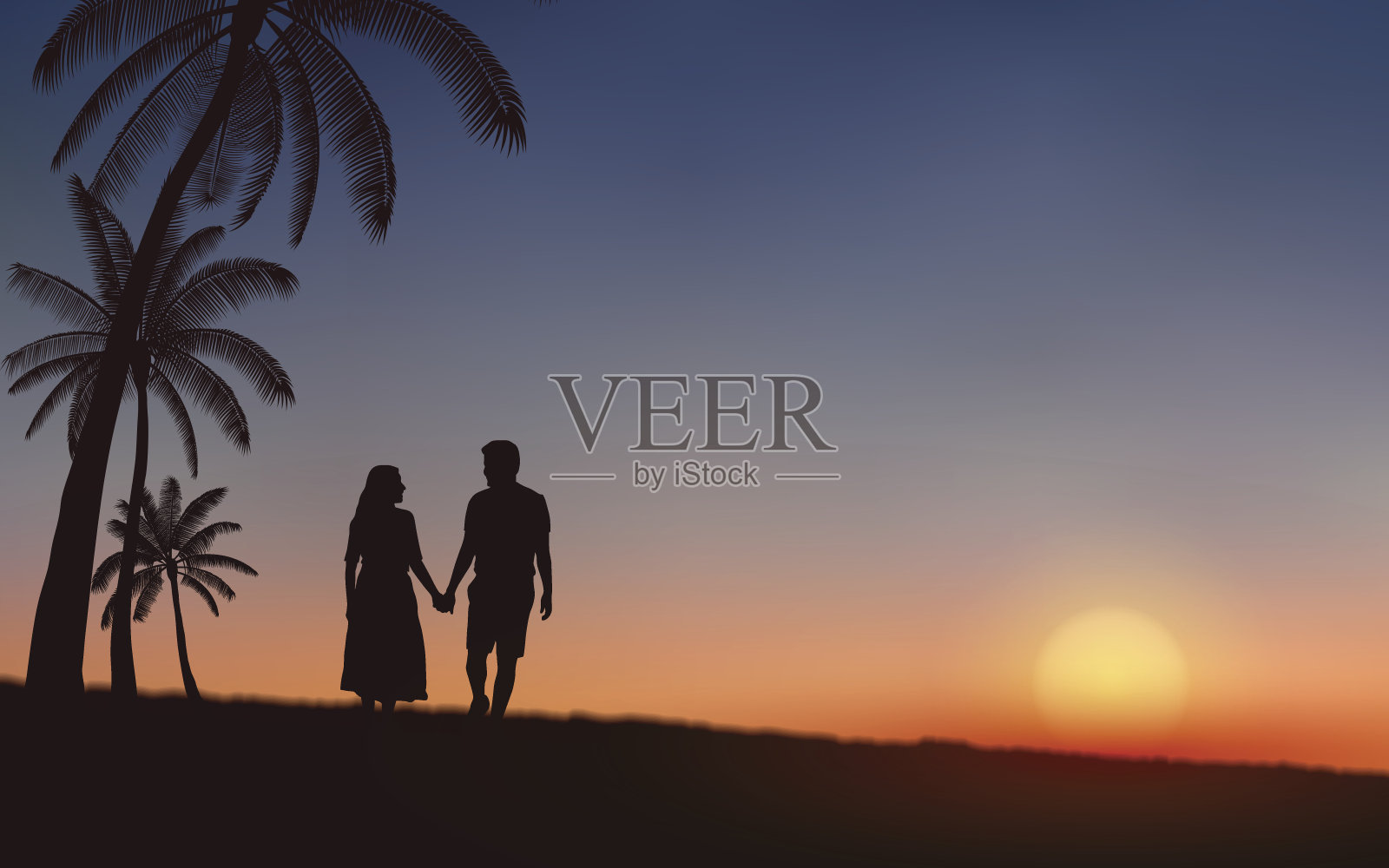 在日落天空背景下的平面图标设计下的沙滩上行走的夫妇剪影插画图片素材