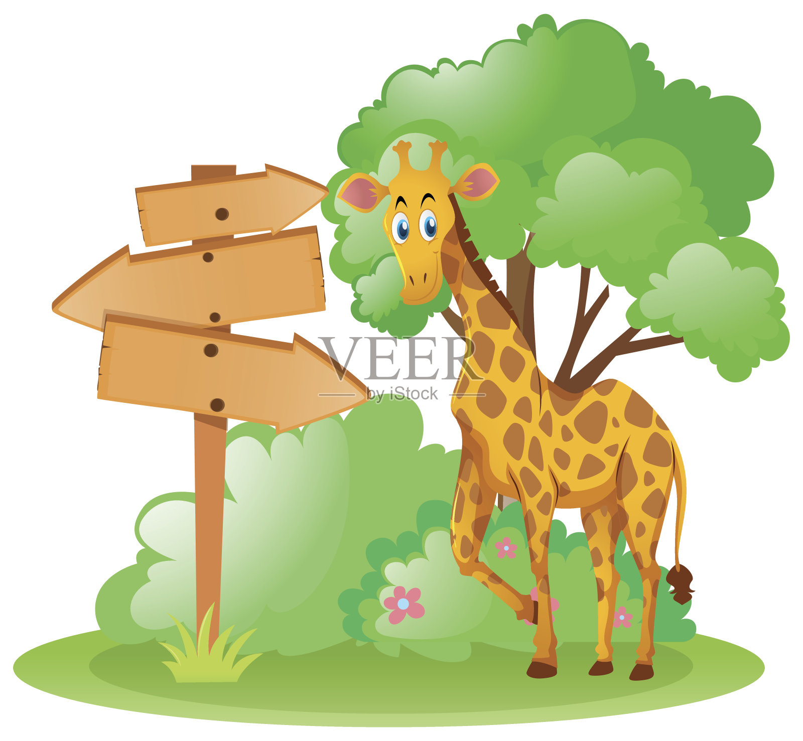 长颈鹿站在公园的木制标志旁边插画图片素材