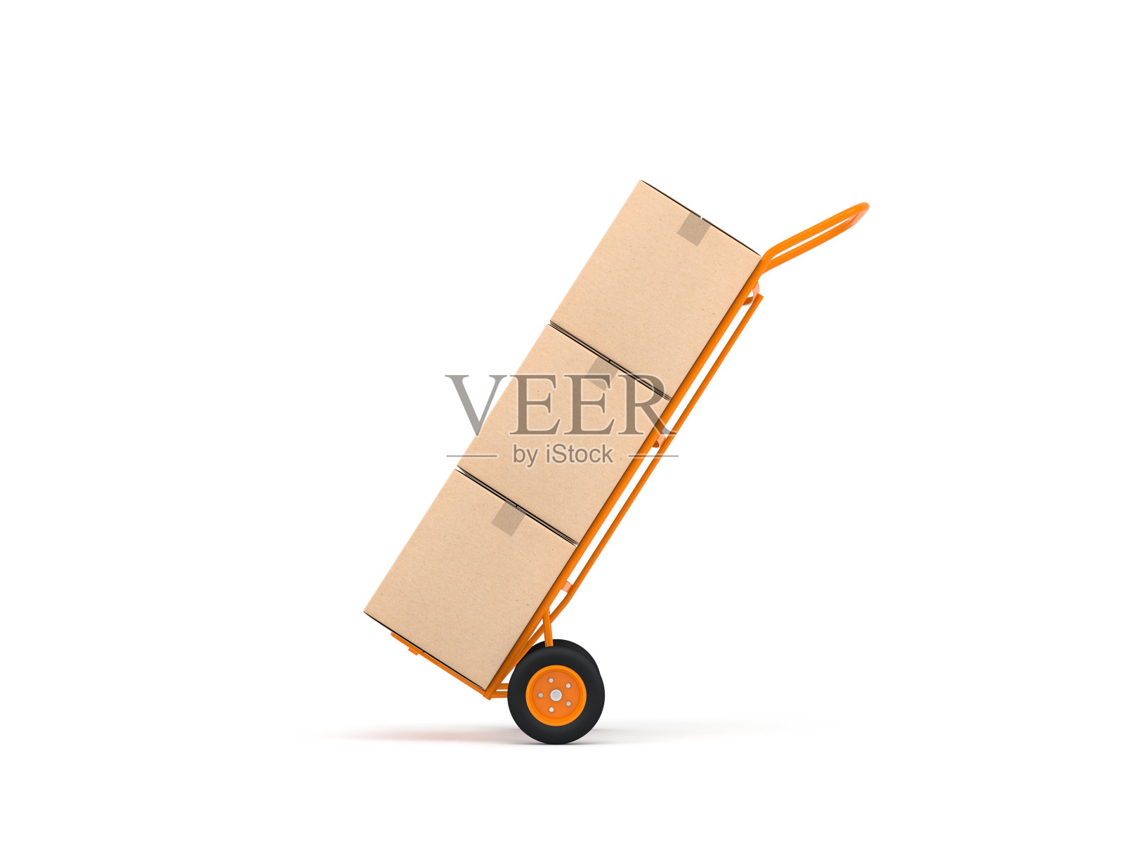 Orange Hand Truck with three cardboard boxes isolated on white照片摄影图片
