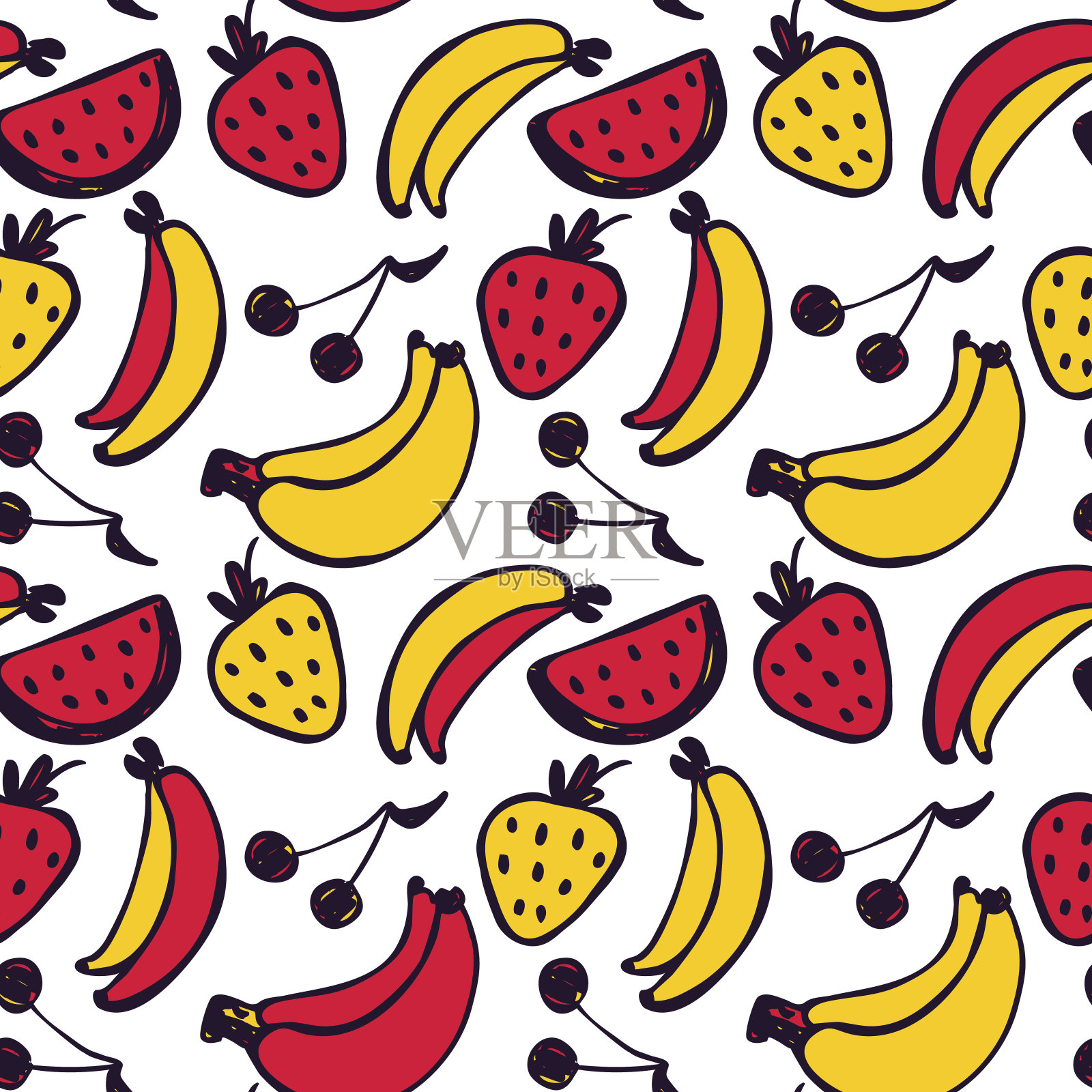 矢量无缝卡通图案香蕉，草莓，樱桃。手绘彩色水果图案的纸张，纺织品，手工装饰，剪贴簿，测光，衣服，卡片。插画图片素材
