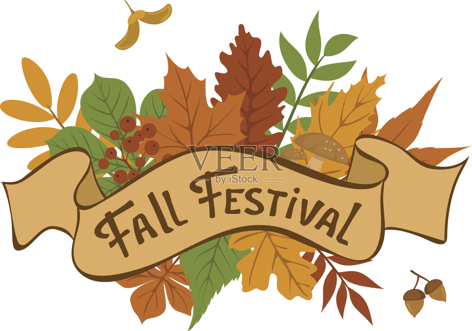 秋季节日复古徽章与森林秋季五彩缤纷的树叶排列设计元素图片