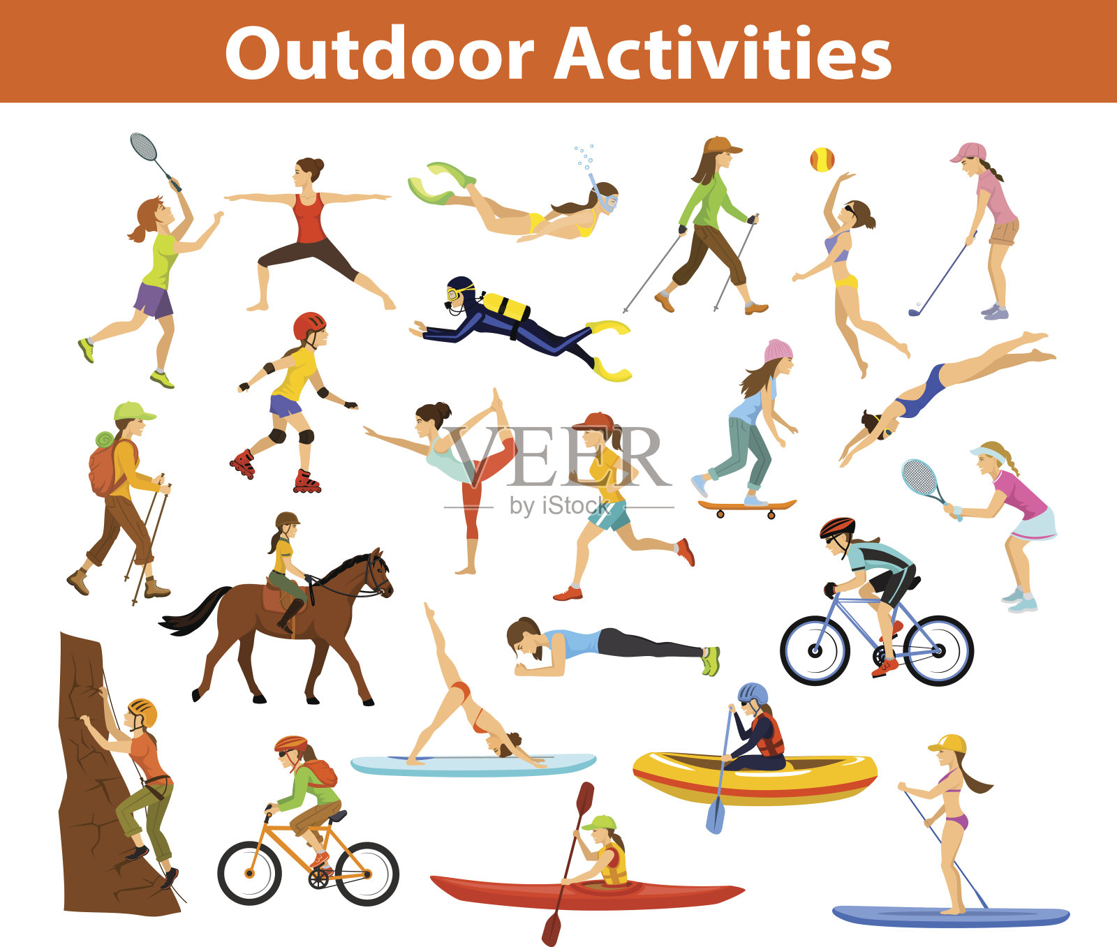户外，沙滩运动和活动。女人做瑜伽，跑步，骑自行车，骑山地车和背包旅行，划桨，皮划艇，爬山，漂流，徒步旅行，打网球，高尔夫和羽毛球，浮潜，水肺潜水游泳设计元素图片