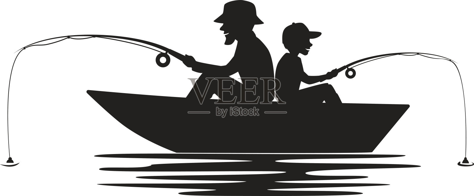 父子俩在湖上的小船上钓鱼的剪影插画图片素材