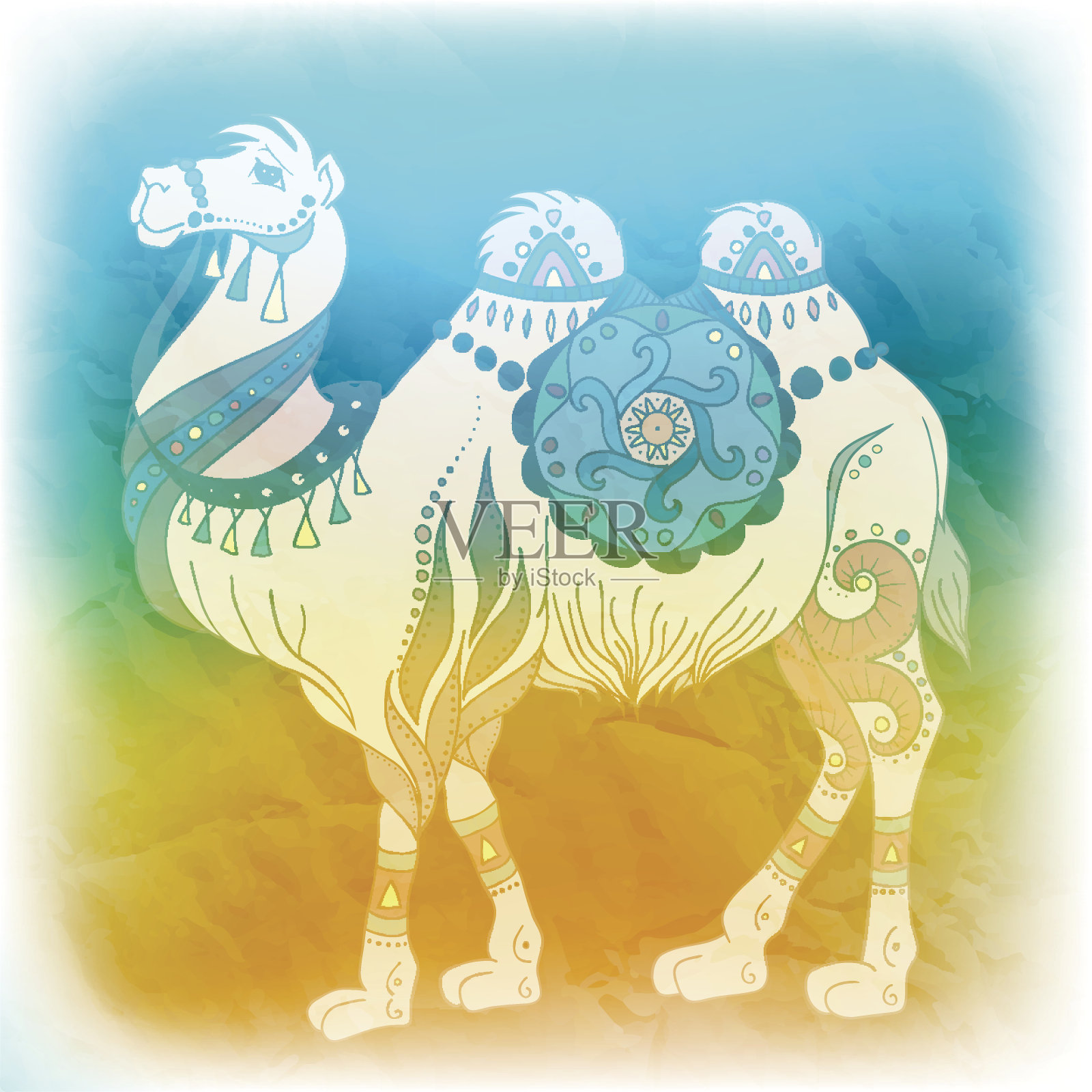 夏季旅行矢量插图卡，骆驼绘图插画图片素材