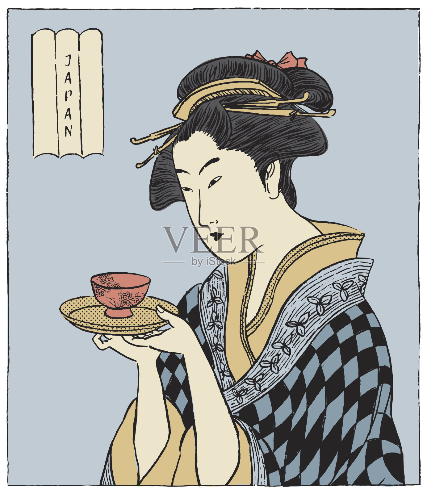 一位拿着一杯茶的日本妇女。日本传统风格。(矢量图)插画图片素材
