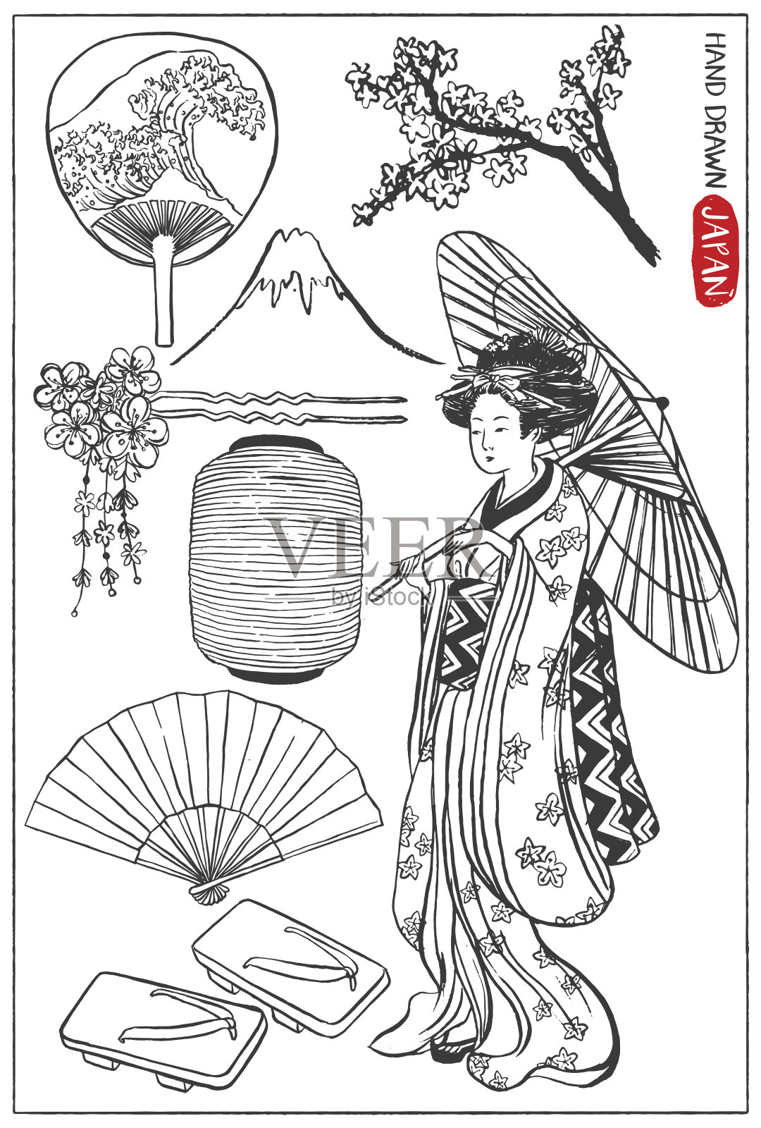 集日本设计元素。艺妓女人插图。手绘矢量插图。插画图片素材
