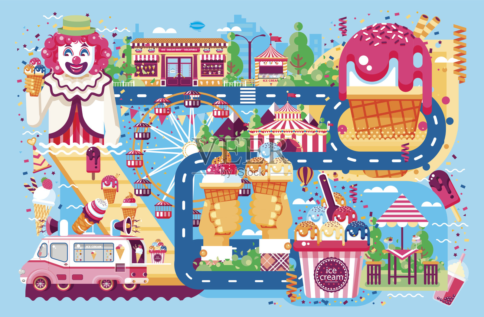 矢量插图业务出售各种冰淇淋和食品的销售机器，车轮上的膳食小丑游乐园糖果香草巧克力水果馅咖啡厅附近的道路在平坦的风格插画图片素材