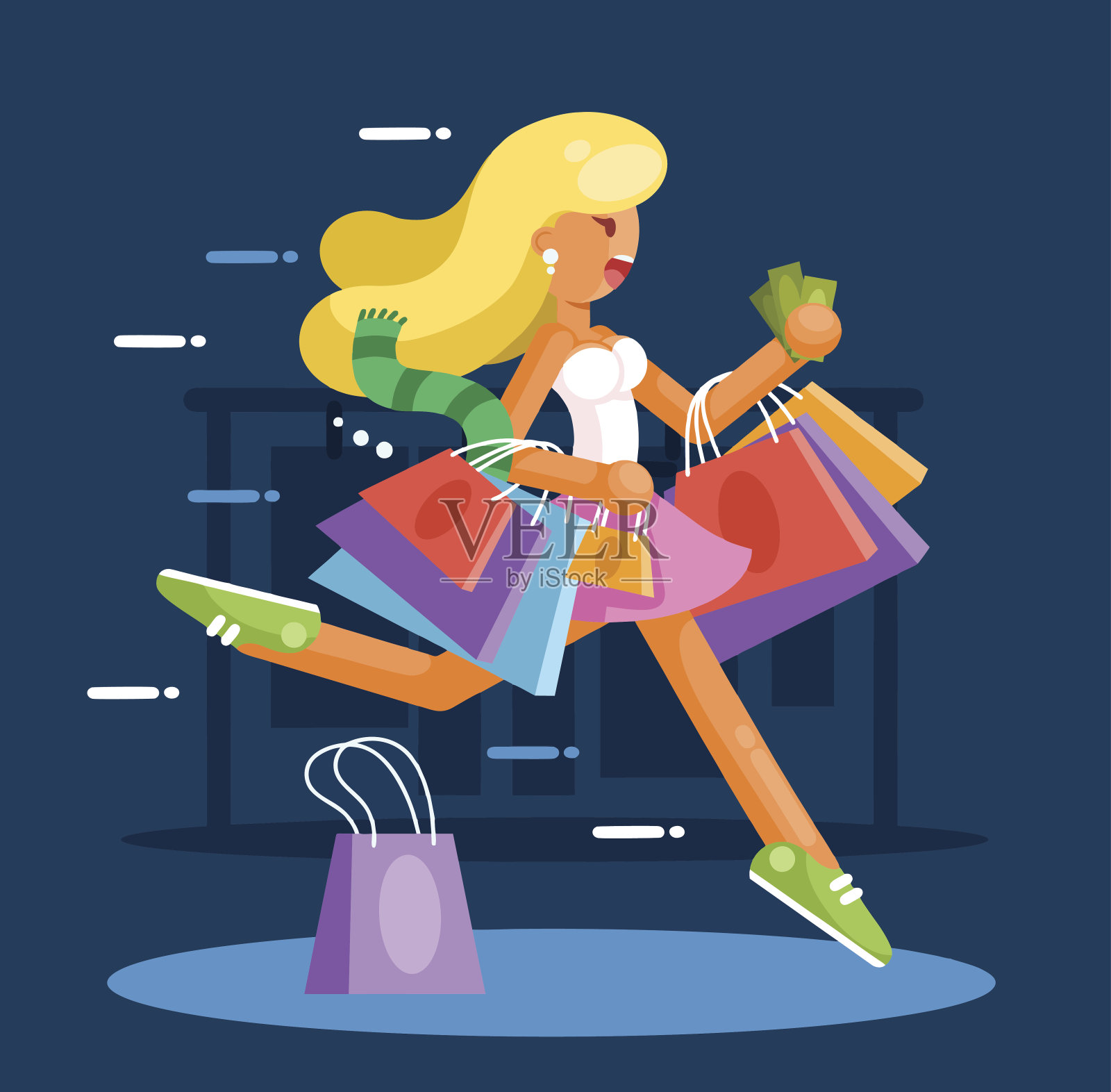 快乐的女人拿着购物袋匆忙地购物。平风格说明插画图片素材