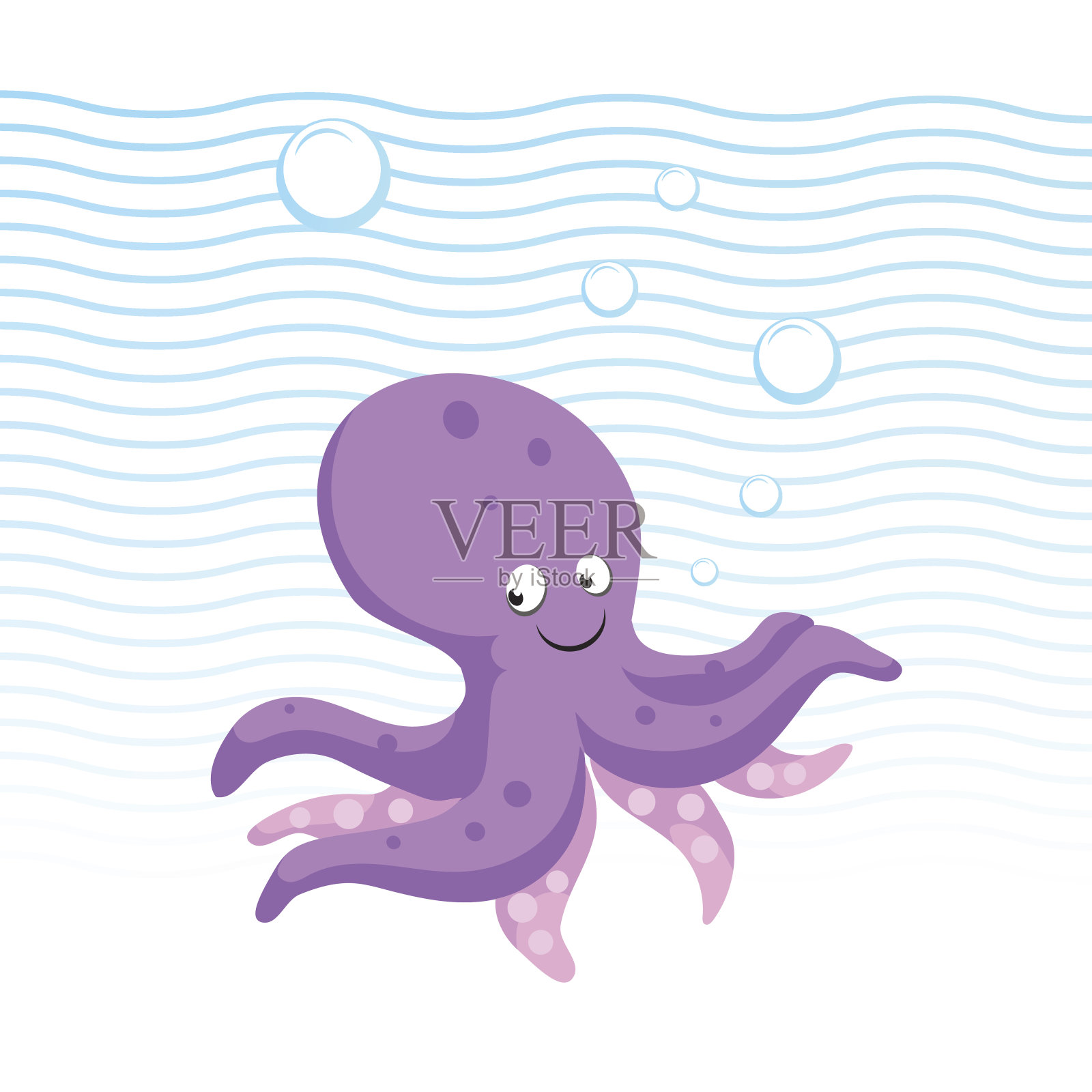 时尚卡通风格的章鱼角色。简单的梯度平面设计，用于儿童教育。海浪和泡沫。水下生活。插画图片素材