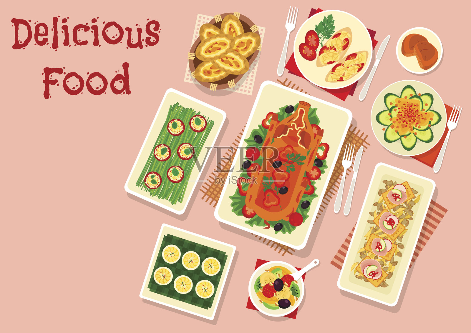 烤猪配小吃图标，节日菜单设计插画图片素材
