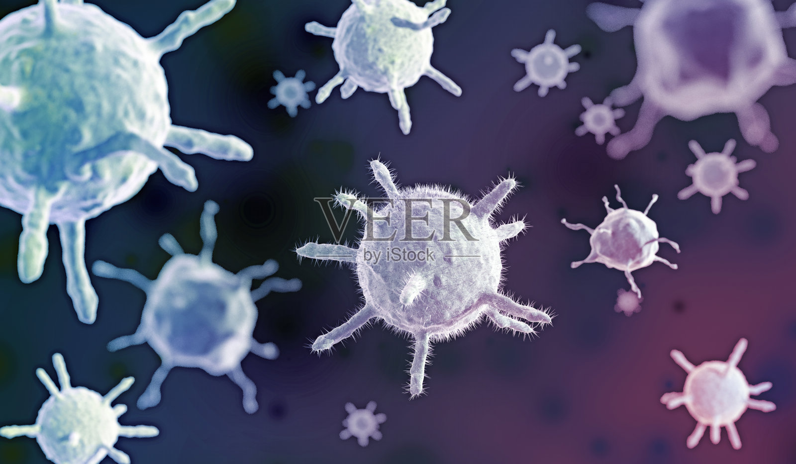 深紫色背景中的病毒细胞照片摄影图片