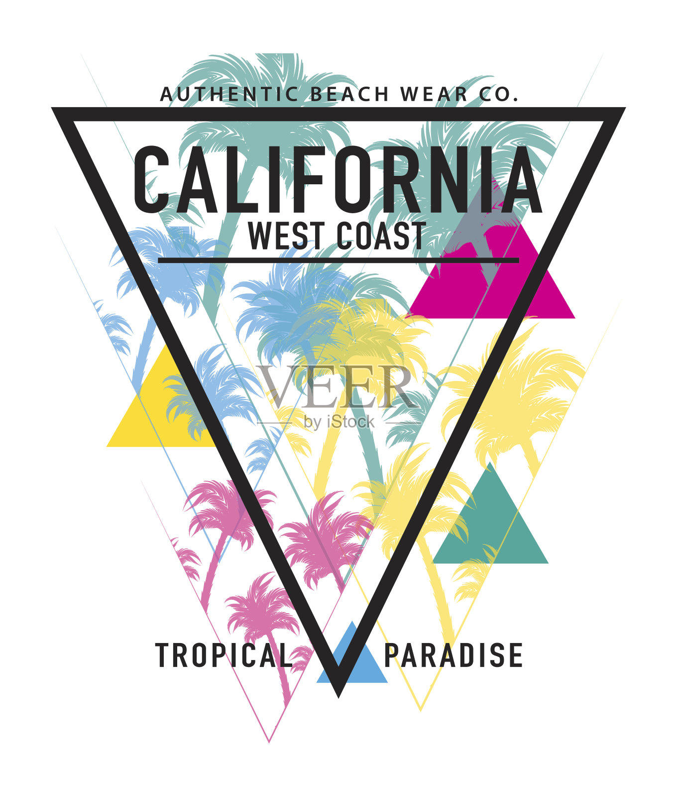 加州字体与棕榈树夏季度假海滩概念t恤图形矢量打印设计插画图片素材