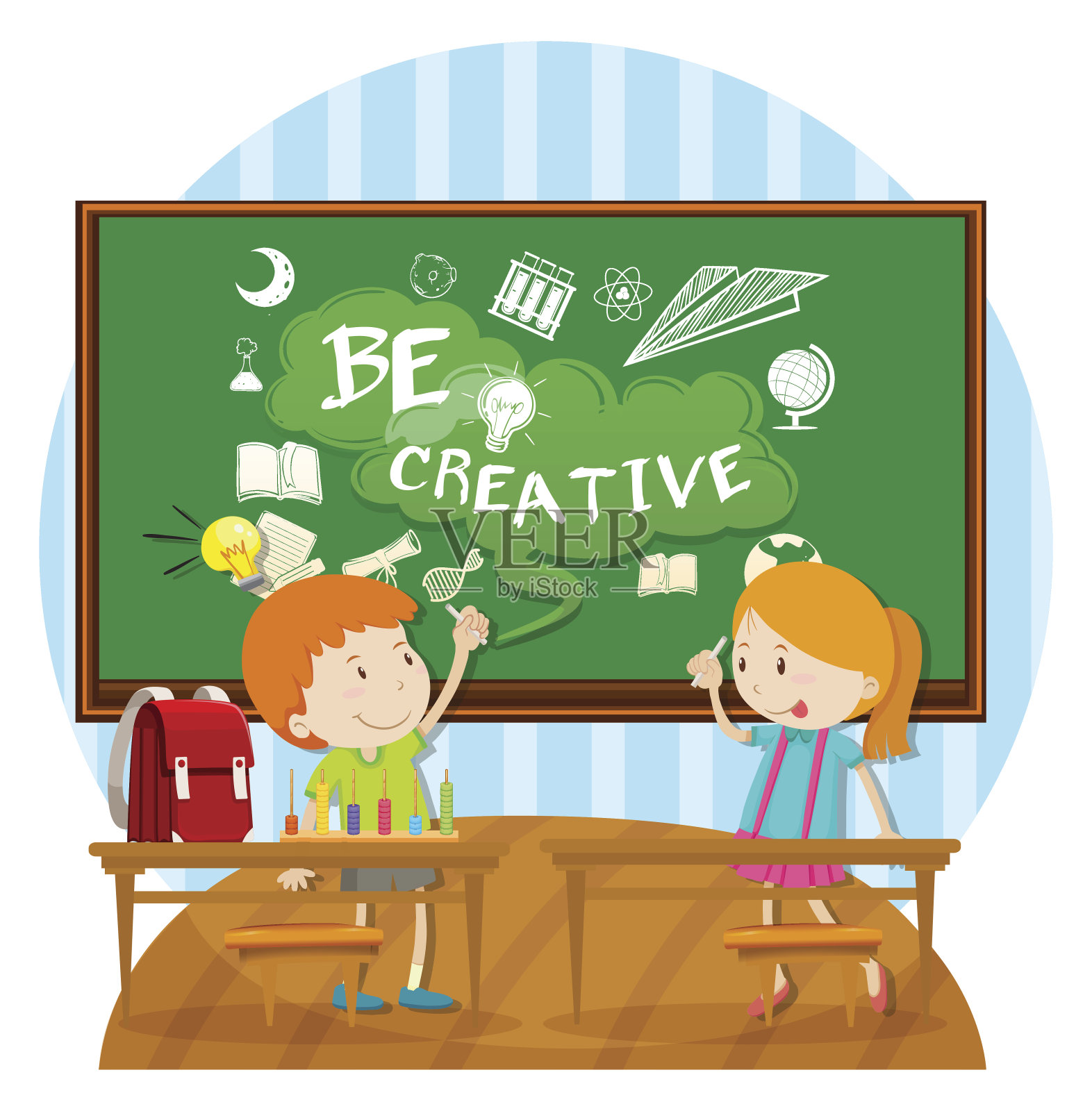 两个孩子在教室的黑板上写字插画图片素材