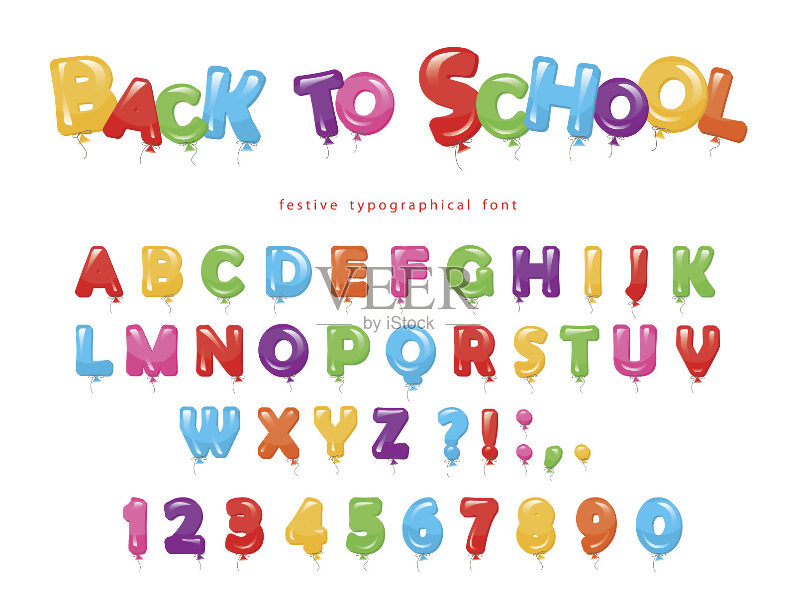 回到学校。气球彩色字体的孩子。有趣的ABC字母和数字。生日派对，宝宝送礼会。孤立在白色的。设计元素图片