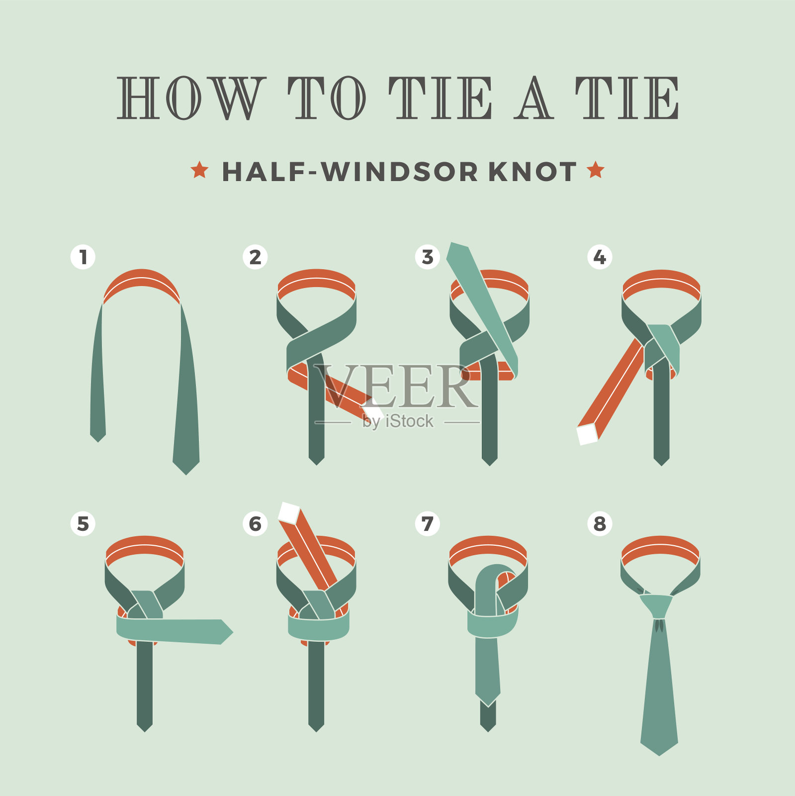 说明如何在绿松石背景上打领带的八个步骤。Half-Windsor结。矢量插图。插画图片素材