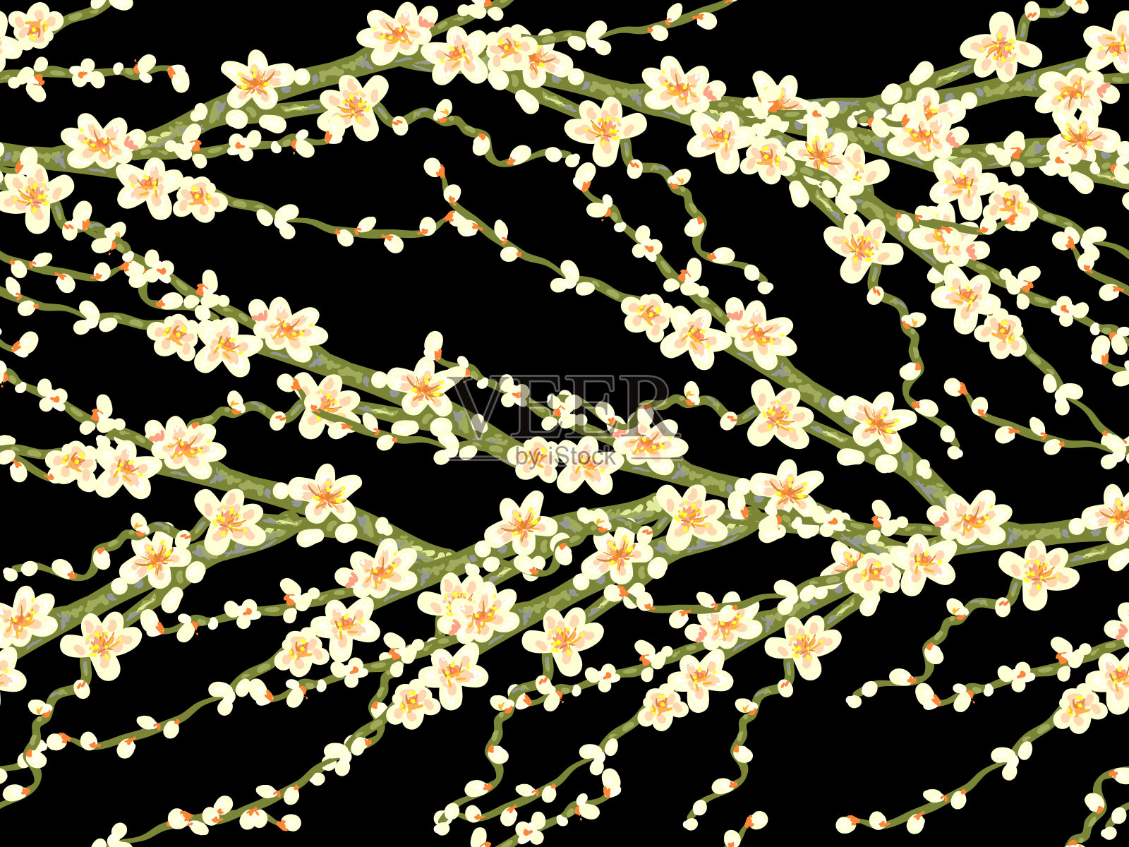 无缝图案与日本白色樱花。复古矢量植物插图矢量背景。完美的壁纸，图案填充，网页背景，表面纹理，纺织品插画图片素材