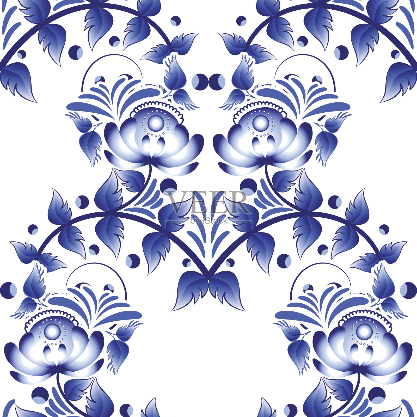 美丽的无缝图案与蓝色花朵gzhel风格。设计元素图片
