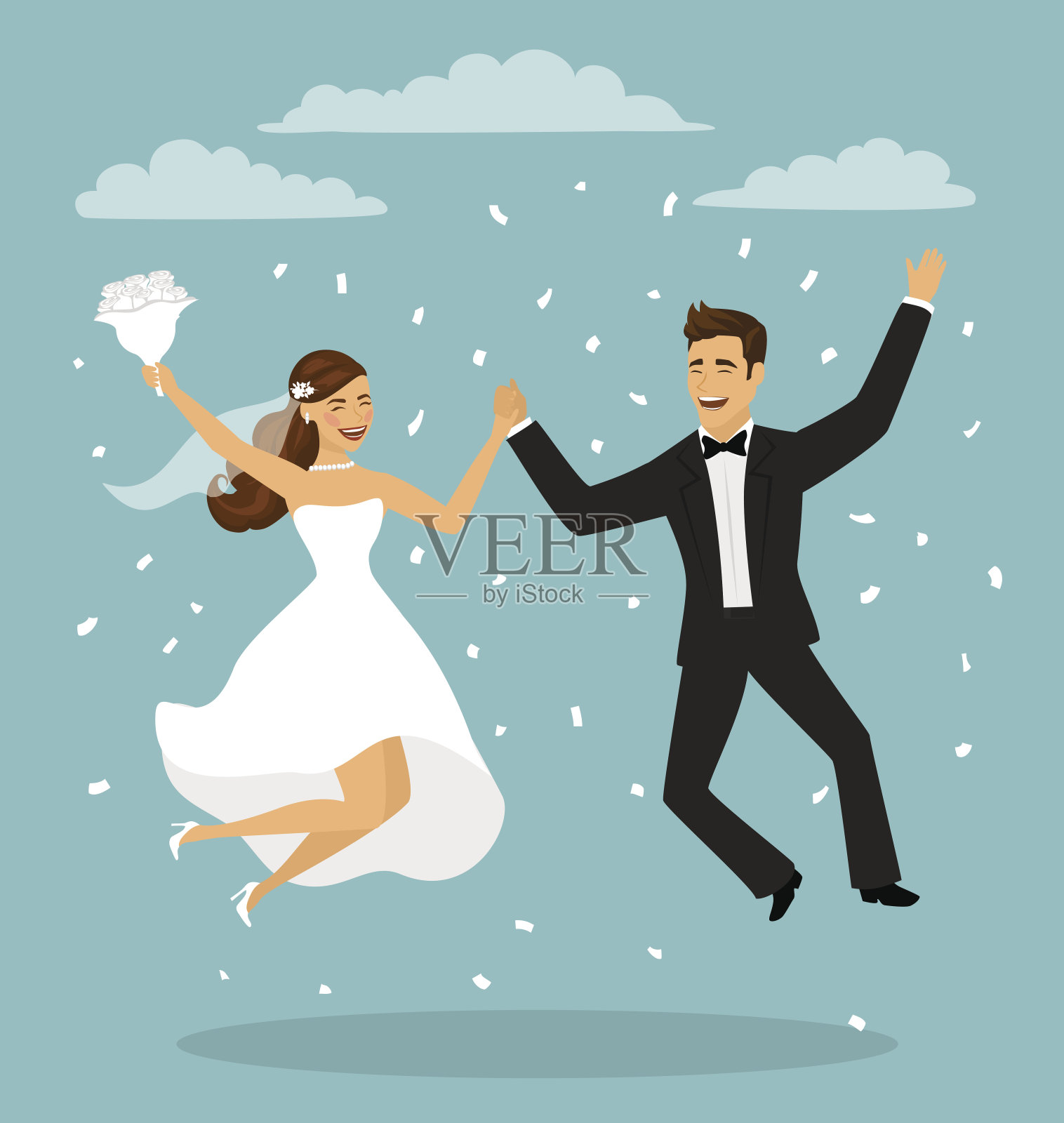 刚刚结婚的有趣的夫妇，新娘和新郎在婚礼后跳插画图片素材