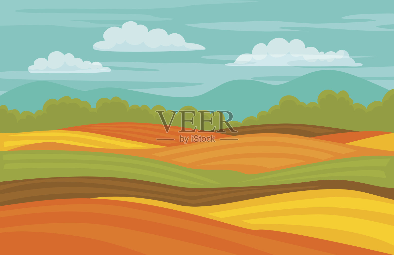 秋色斑斓可爱的田野风光背景插画图片素材