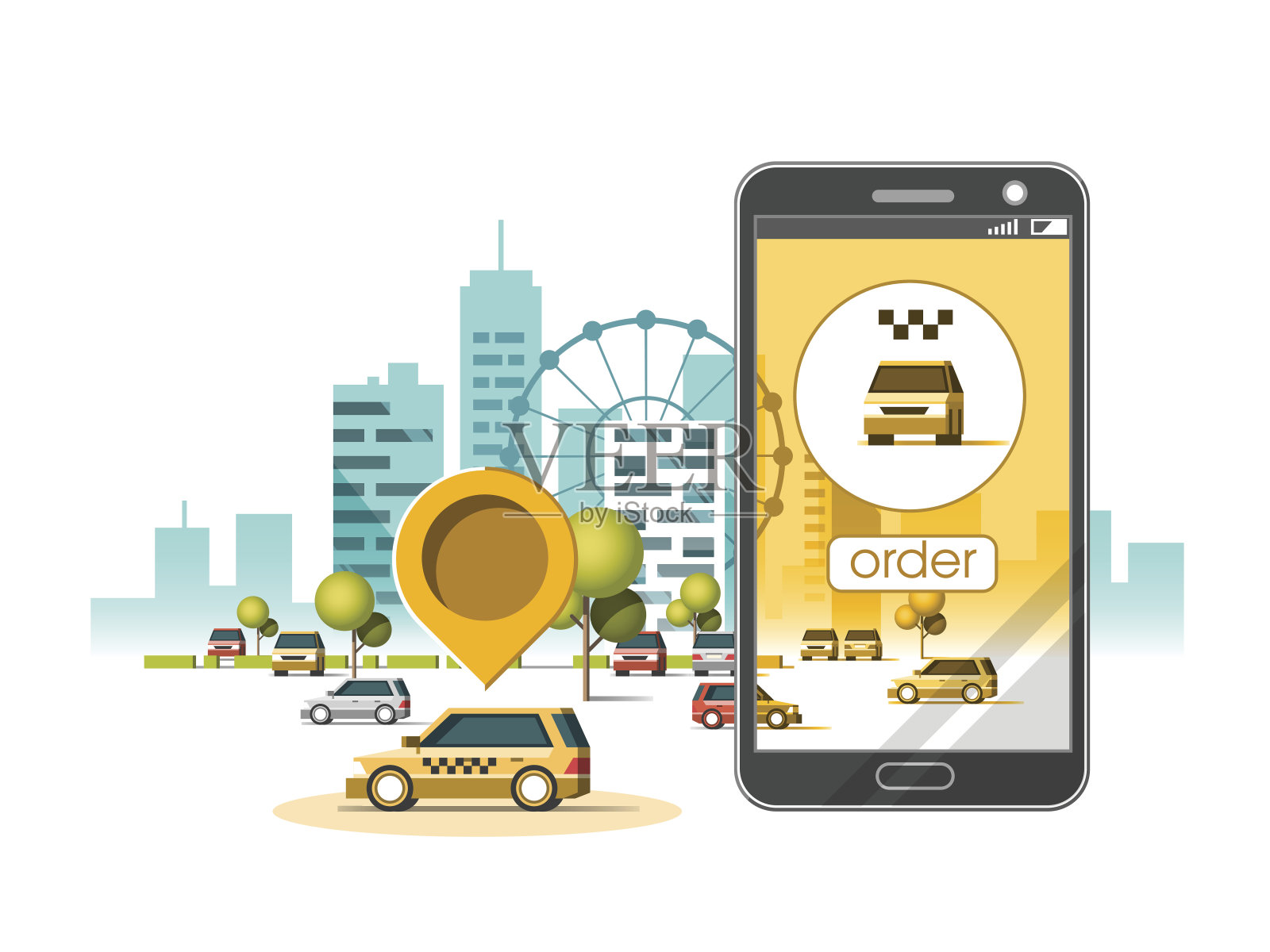 出租车服务移动应用程序。城市摩天大楼的天际线与智能手机上的汽车。导航的应用程序。平面向量插图。插画图片素材