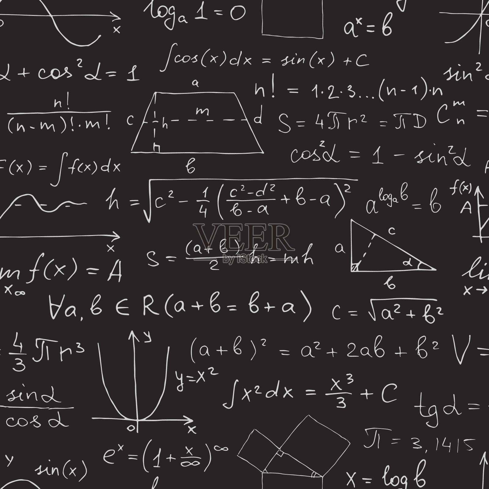 矢量无缝数学模式。用粉笔在黑色的黑板上画数学符号。插画图片素材