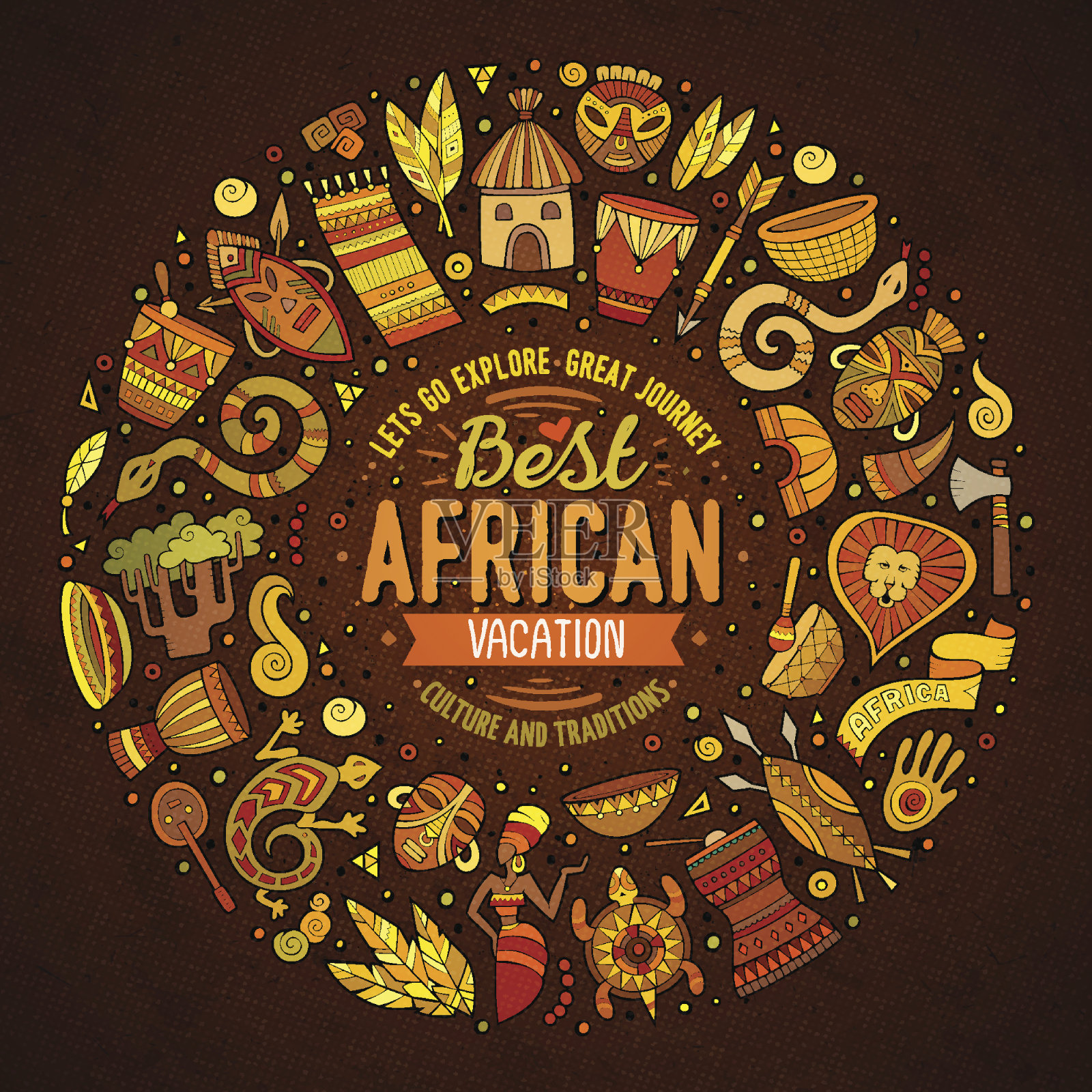 一套非洲卡通涂鸦物体圆形框架插画图片素材