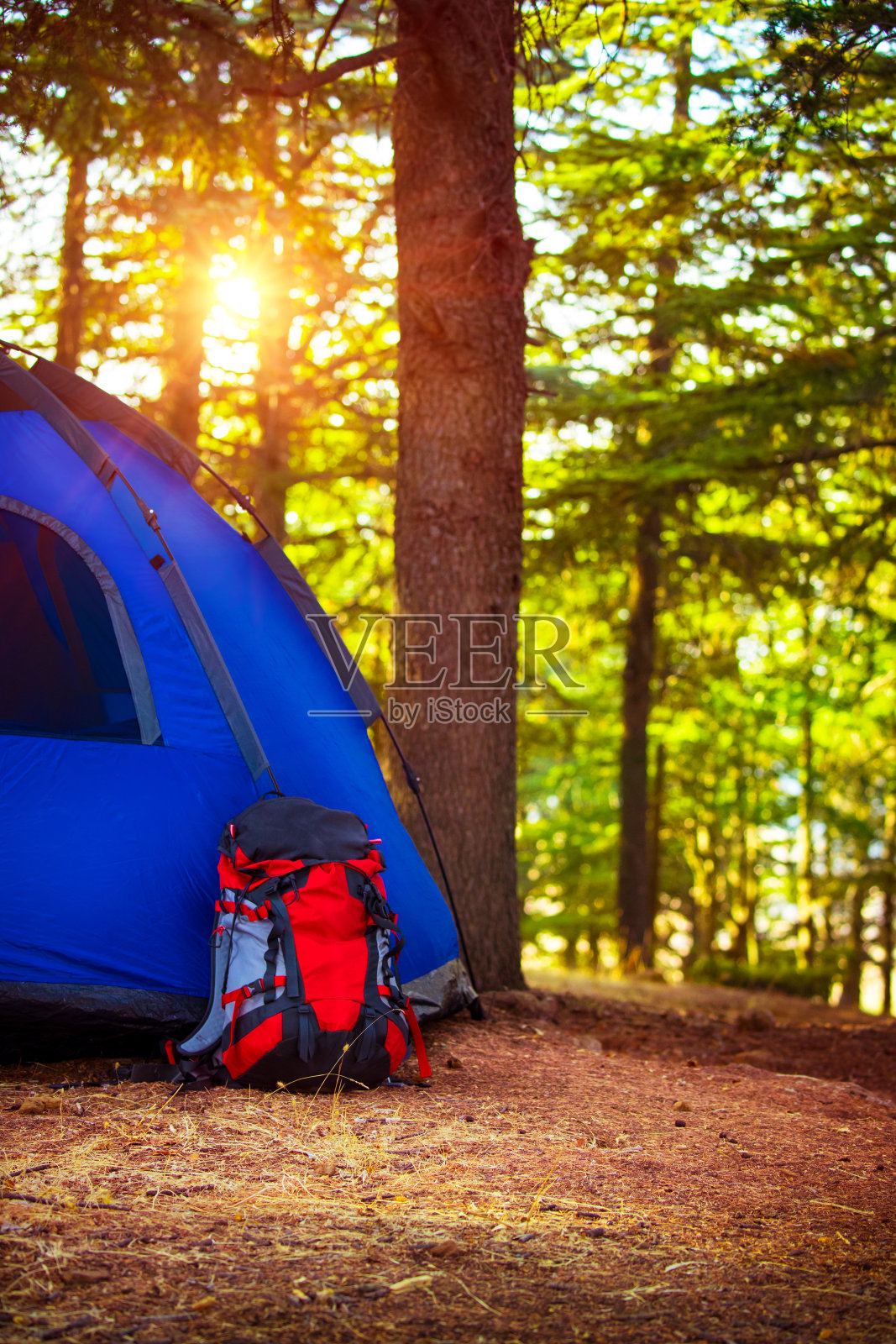 蓝色的帐篷和大大的背包照片摄影图片