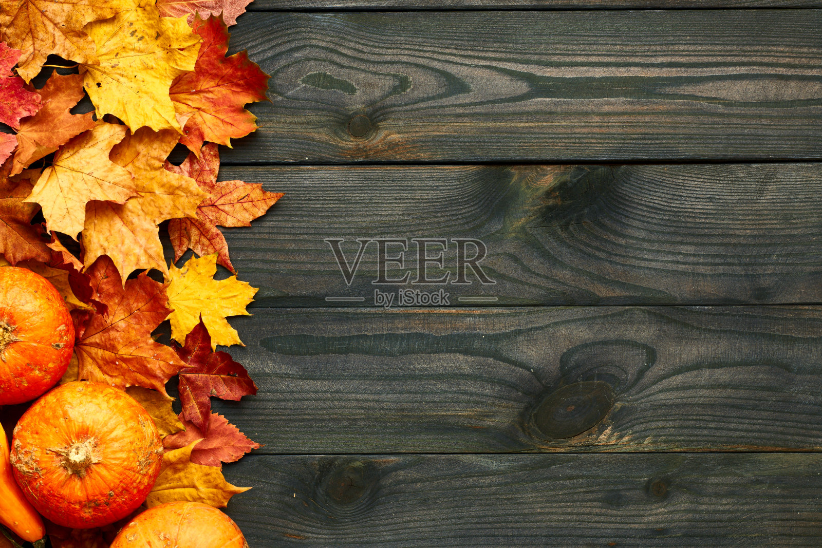 秋天的叶子和南瓜在古老的木制背景上插画图片素材