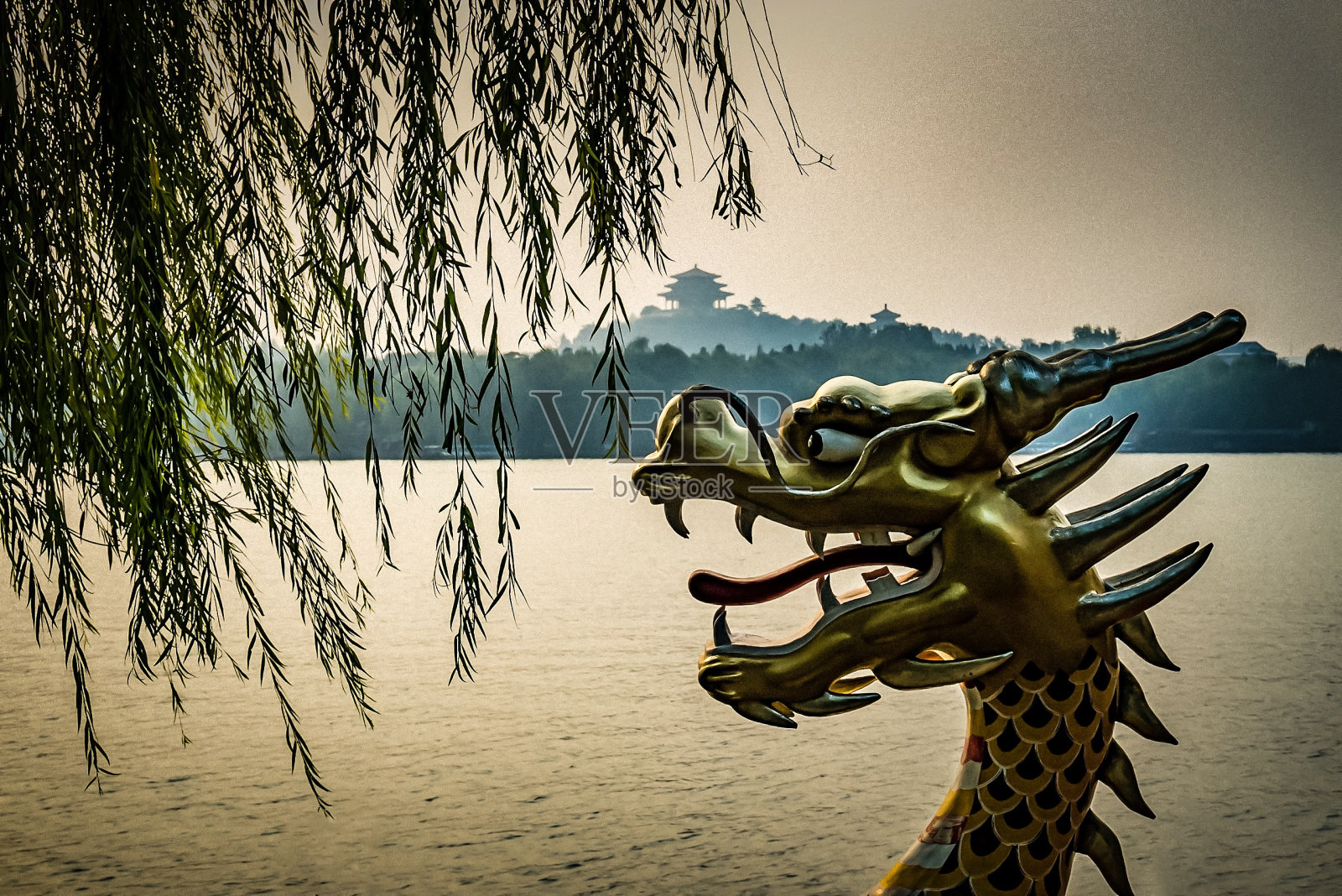 柳树下的中国龙，背景是湖泊和遥远的中国建筑照片摄影图片