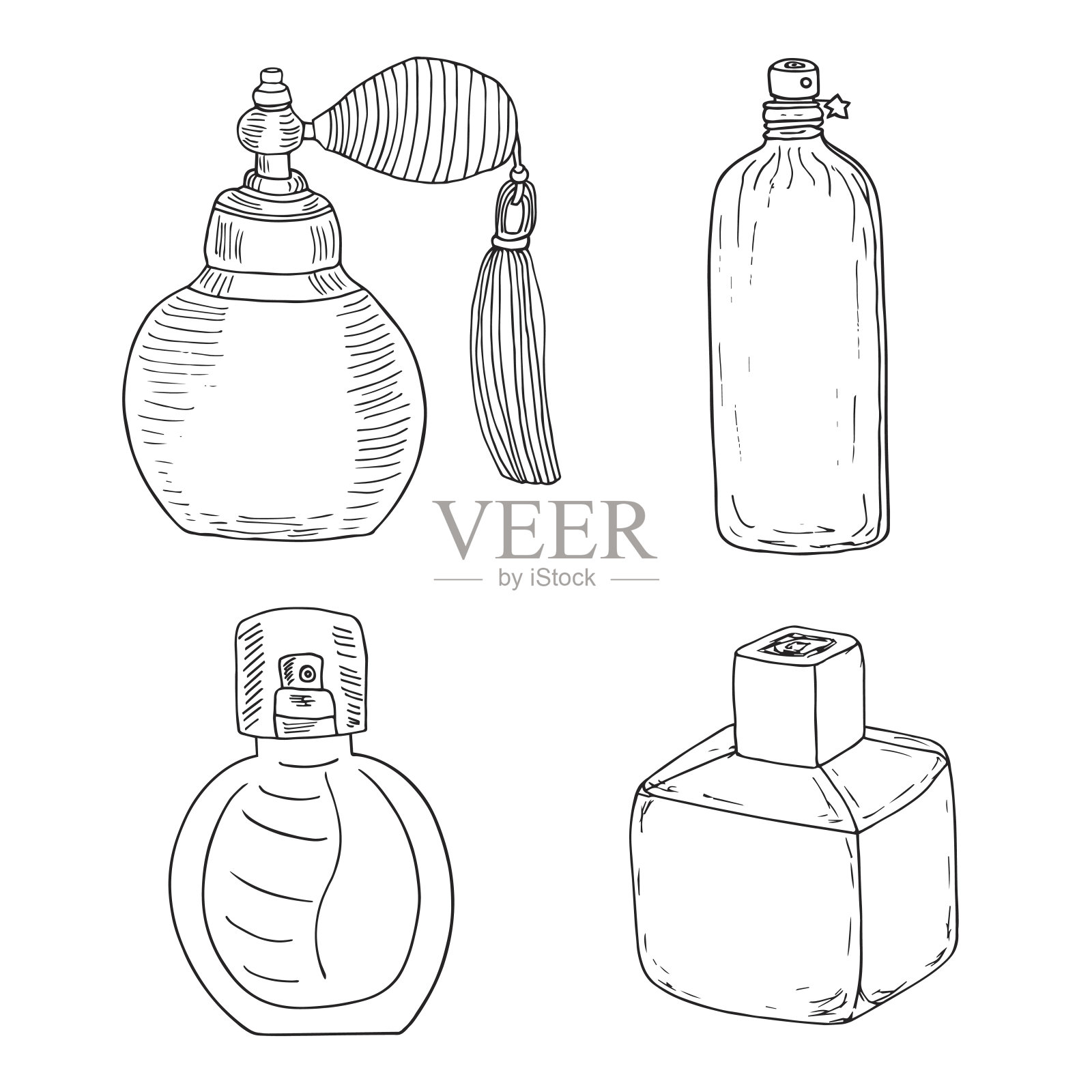 香水系列。4个古董香水瓶。带有流苏的香水喷剂和带有星星的未来香味。手绘草图。插画图片素材