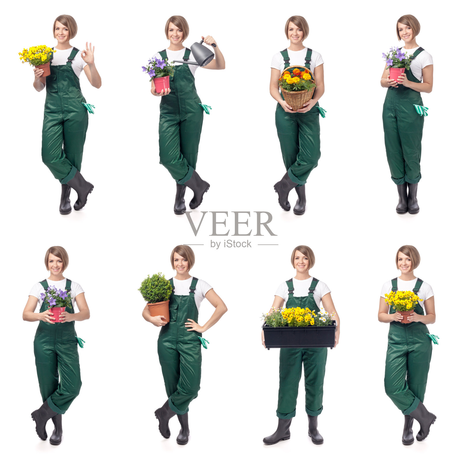 微笑的女人专业园丁。园艺服务与经营理念。拼贴画照片摄影图片
