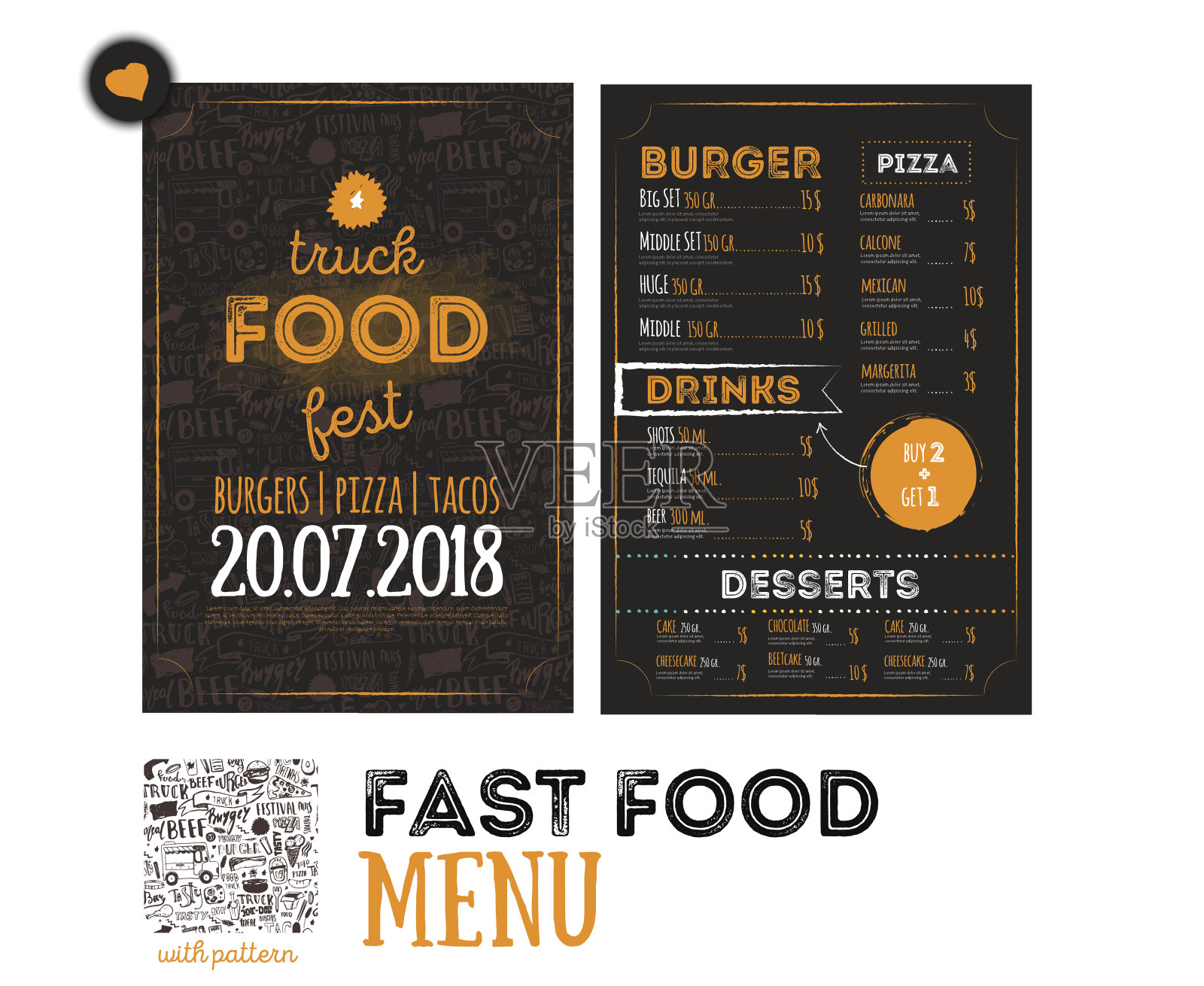 街头垃圾美食节菜单封面设计。节日设计模板与手绘图形元素和字母。向量的菜单。设计模板素材