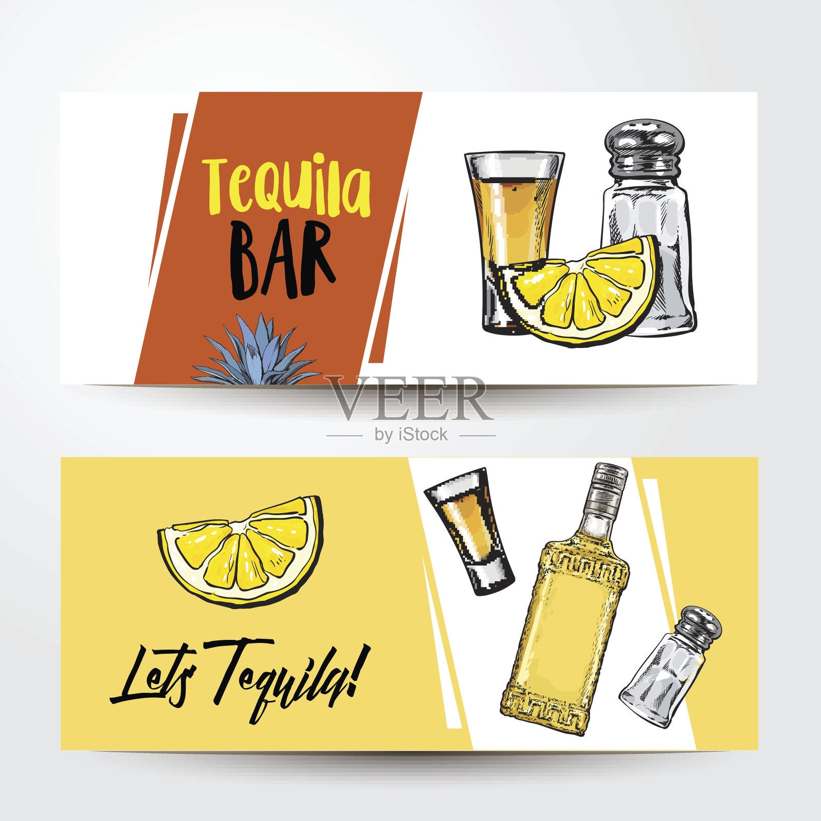横幅上有龙舌兰酒瓶，烈酒，柠檬，盐，文字的地方插画图片素材