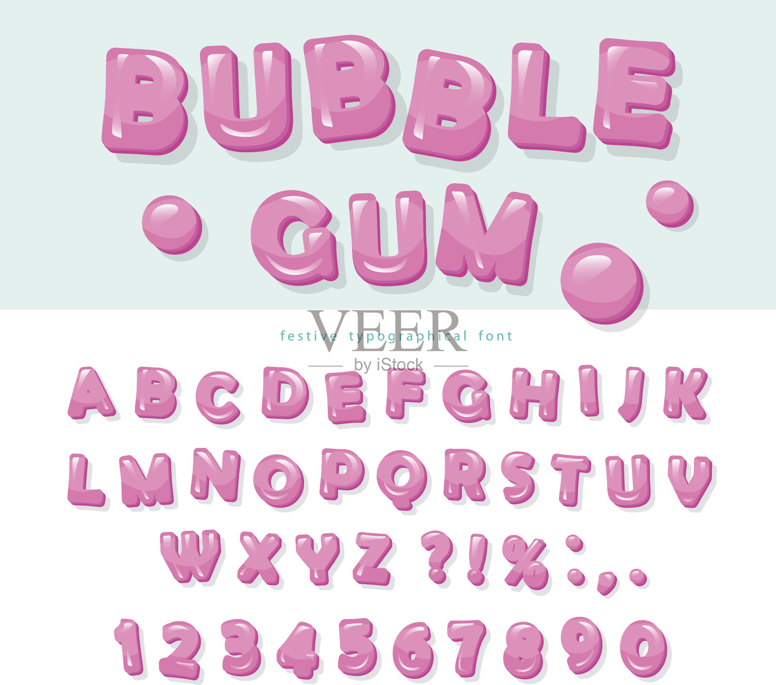 泡泡糖字体设计。甜美的ABC字母和数字。设计元素图片