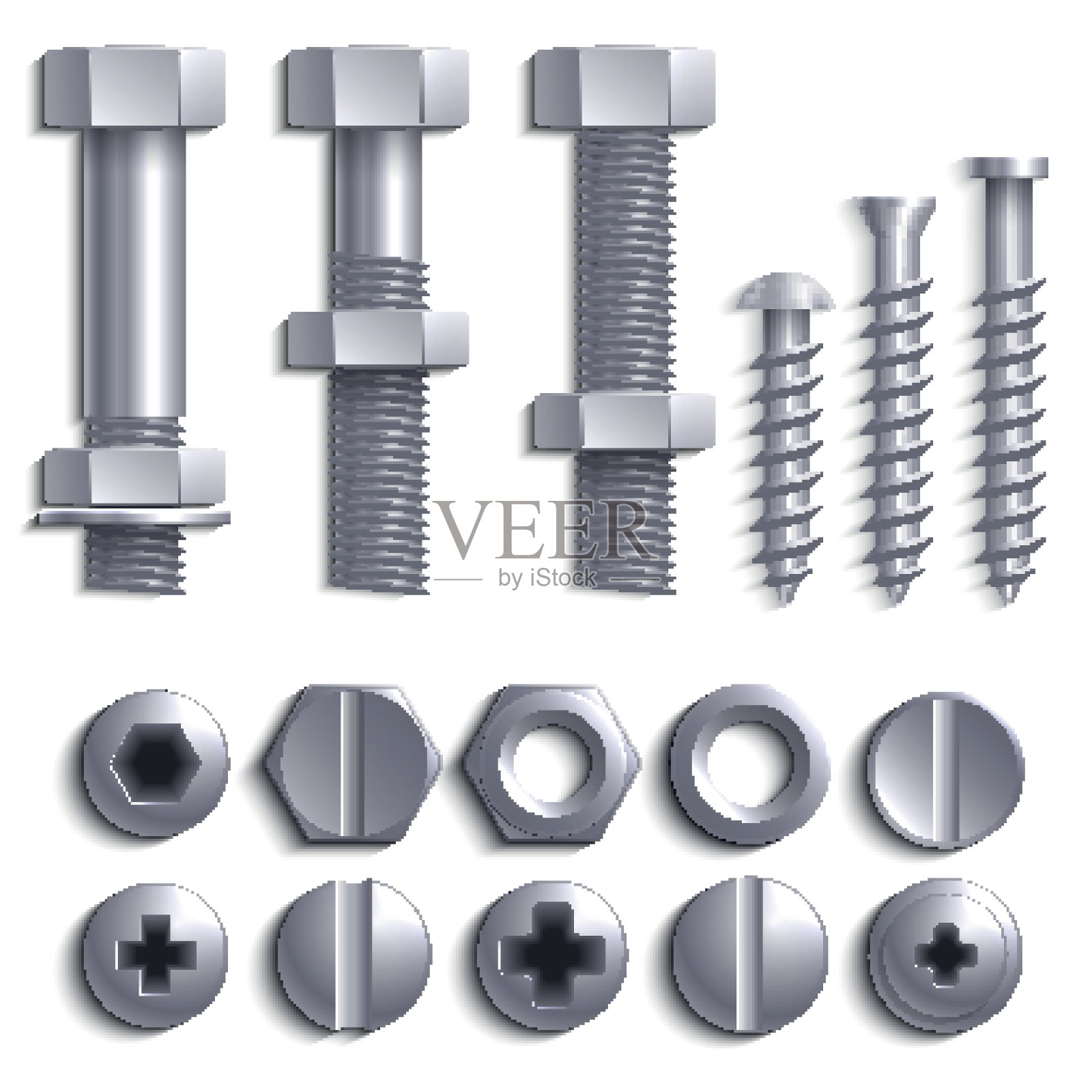 金属螺钉，钢螺栓，螺母，钉子和铆钉隔离在白色矢量组设计元素图片