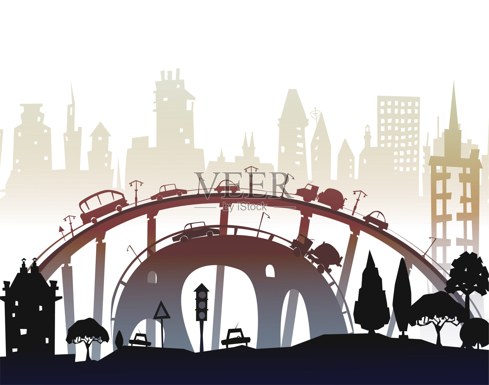 现代城市的繁忙道路有许多桥梁和汽车。插画图片素材