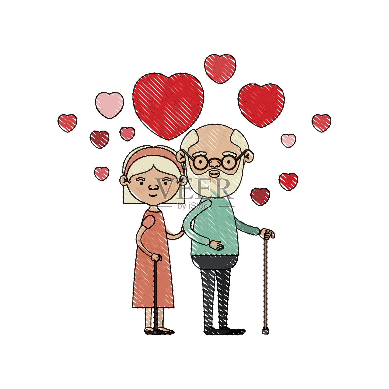 彩色蜡笔剪影漫画全身老人夫妇拥抱与浮动的心在拐杖爷爷和祖母与蝴蝶结花边和短发插画图片素材