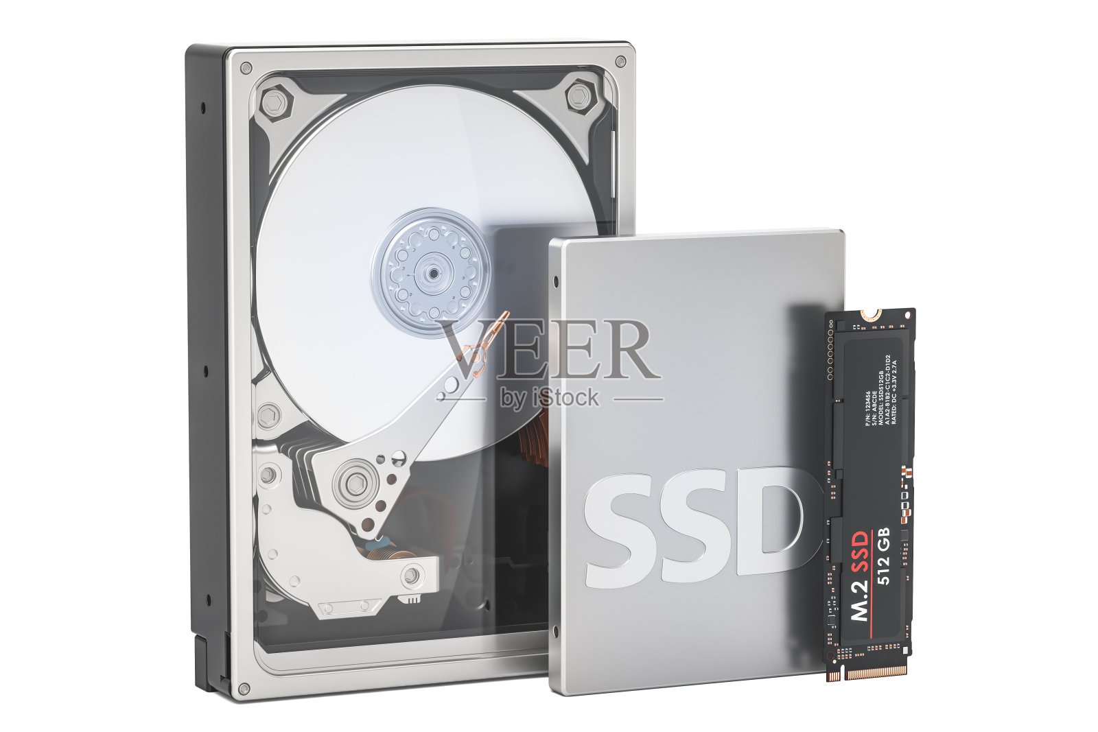 固态硬盘SSD，硬盘驱动器HDD和M2 SSD, 3D渲染隔离在白色背景照片摄影图片
