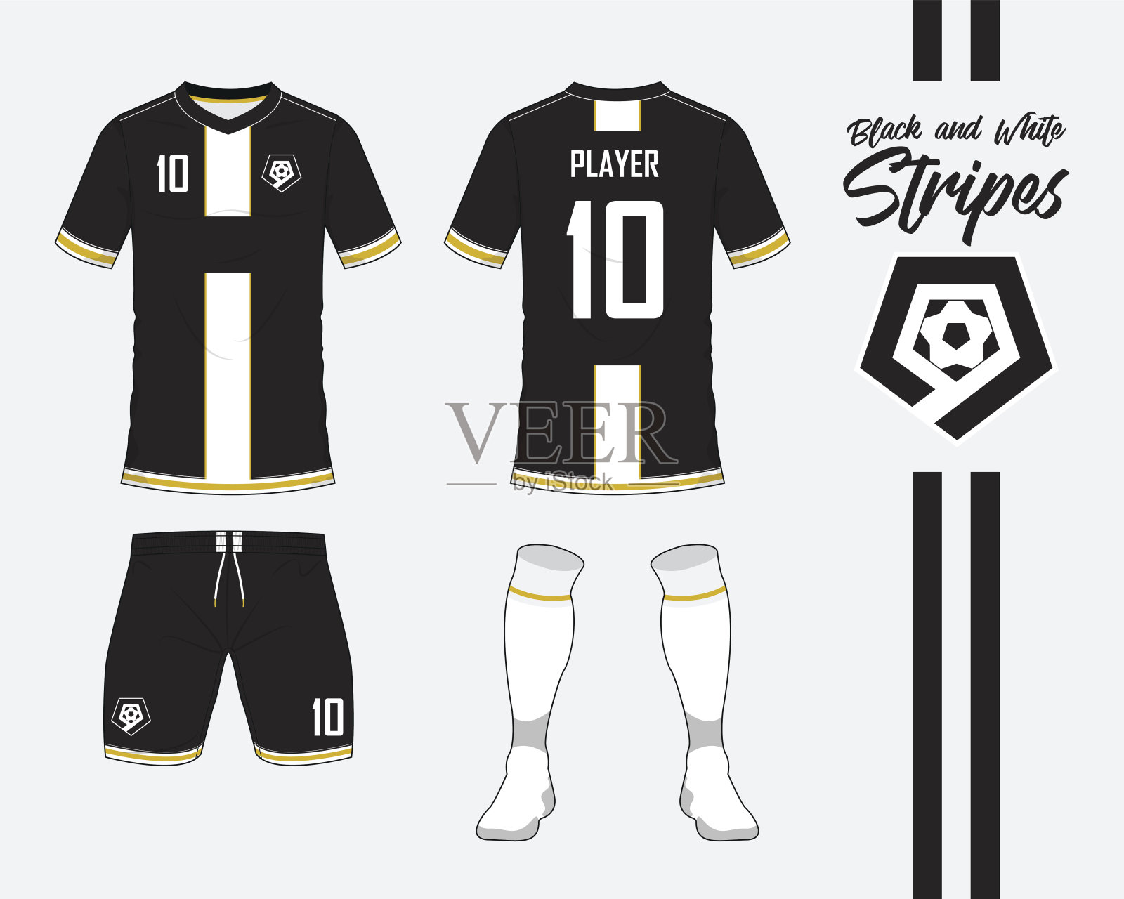 足球球衣或足球工具包收集在黑白条纹的概念。足球衫模型。前后视图足球制服。足球标志在平面设计。向量。插画图片素材