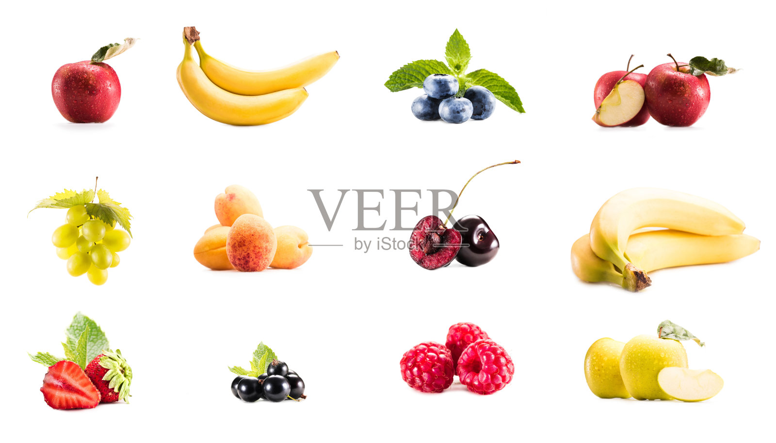 用各种新鲜水果和浆果拼贴在白色上照片摄影图片