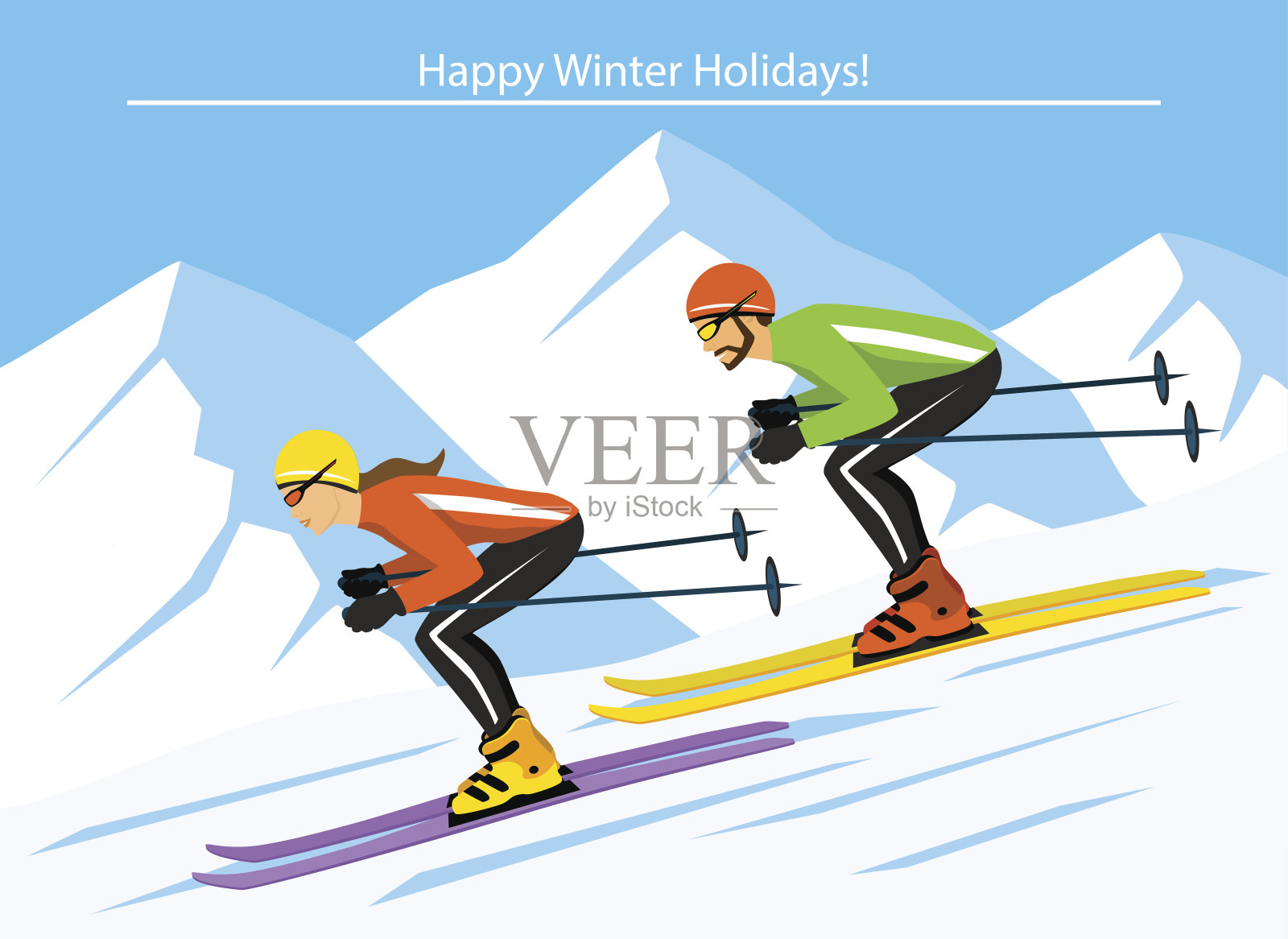 在落基山脉滑雪的男人和女人夫妇。插画图片素材