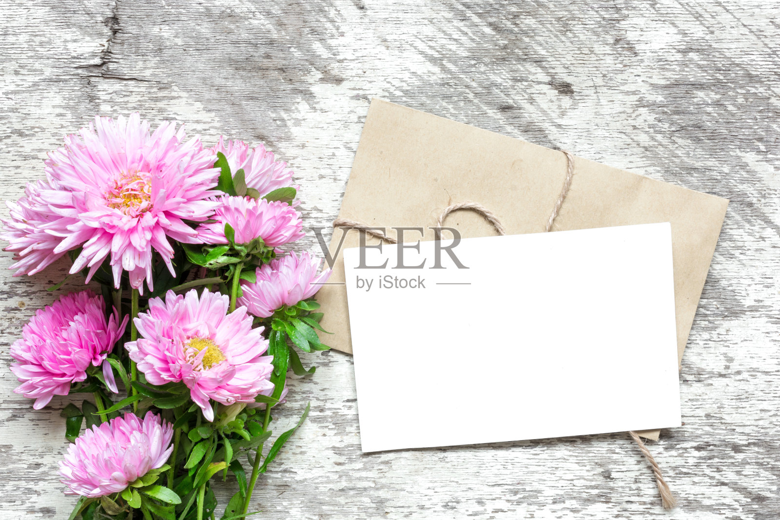 白色贺卡与粉红色紫菀花花束和信封与花蕾和礼盒照片摄影图片