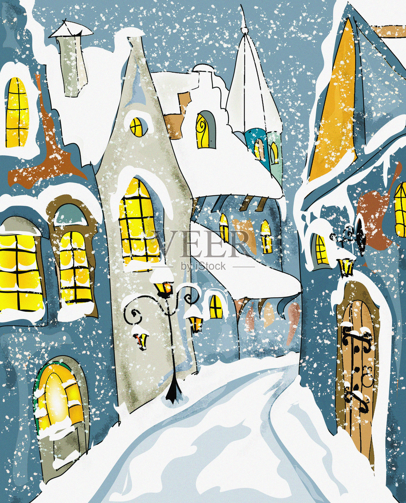 雪城圣诞贺卡插画图片素材