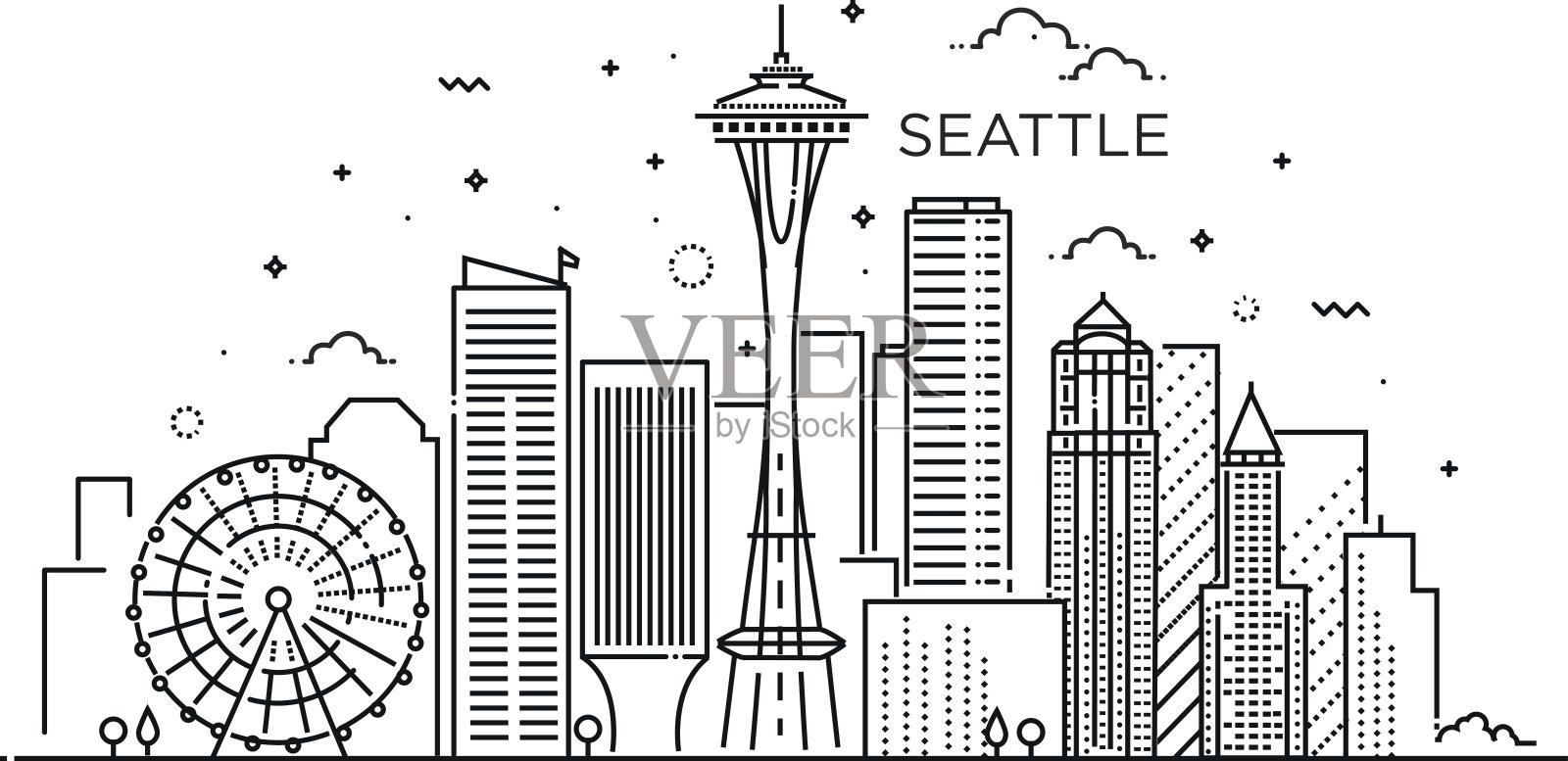 西雅图的旗帜在平面线时尚风格。西雅图城市线条艺术。设计元素图片